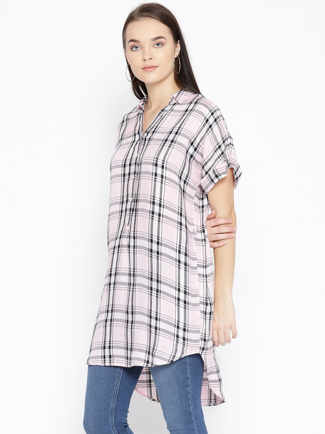 BeIndi  Women Mustard & Black Checked Longline Shirt Style Top