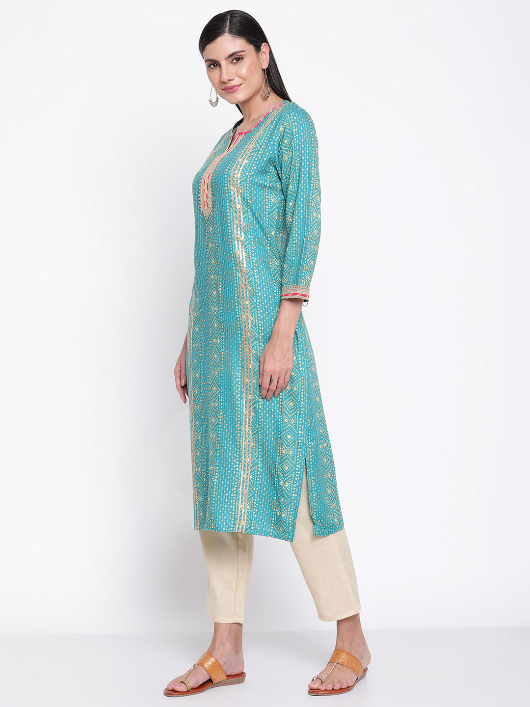 Be Indi Women Turquoise Blue Ethnic Motifs Gotta Patti Kurta