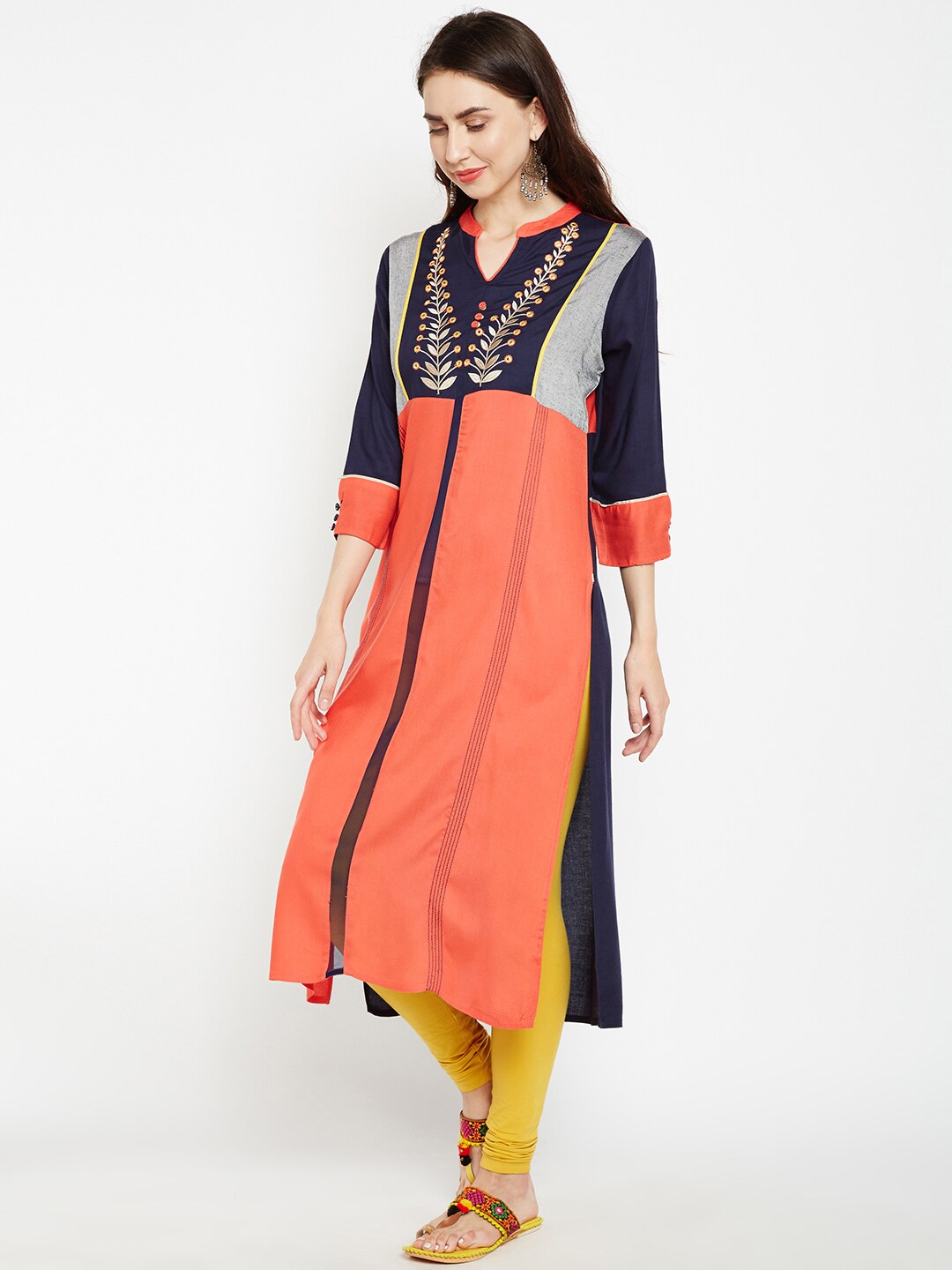 Be Indi Women Peach-Coloured Embroidered Straight Kurta