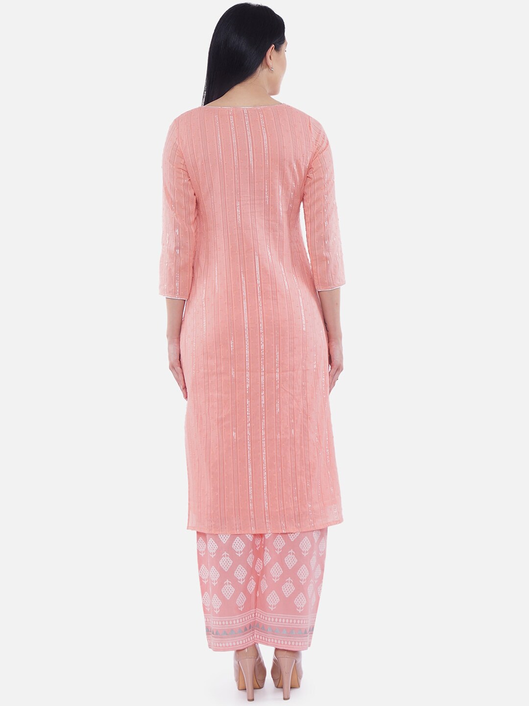 Be Indi Women Pink & White Embroidered Kurta with Palazzos