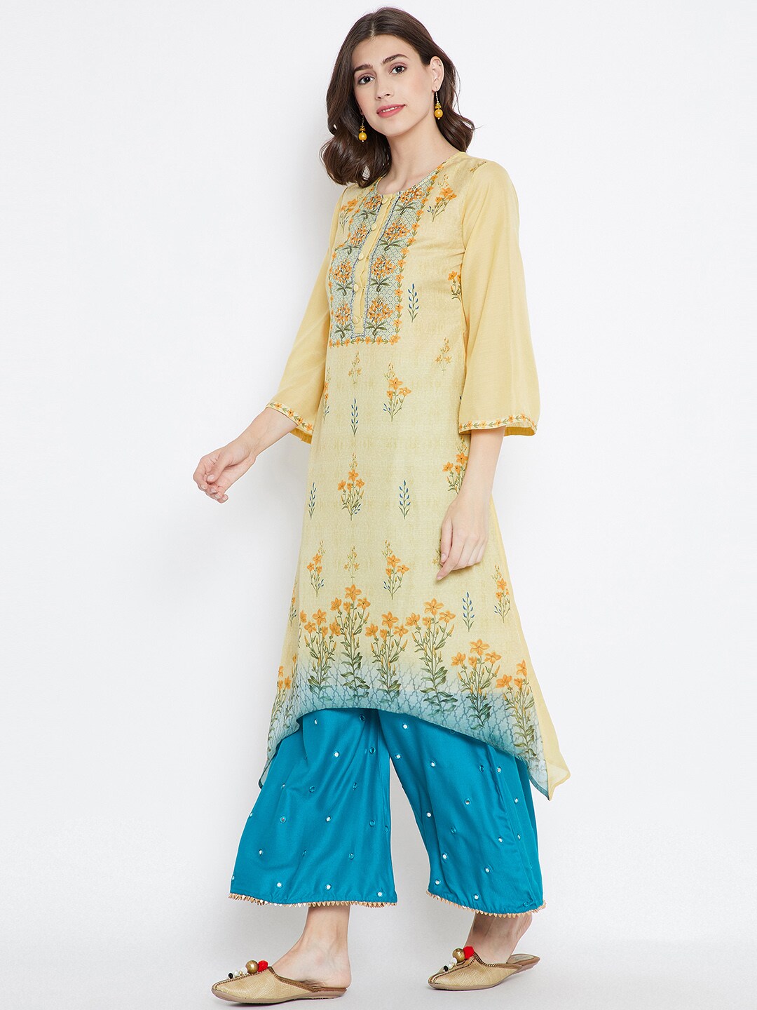 Be Indi Women Yellow Floral Print A-Line Kurta