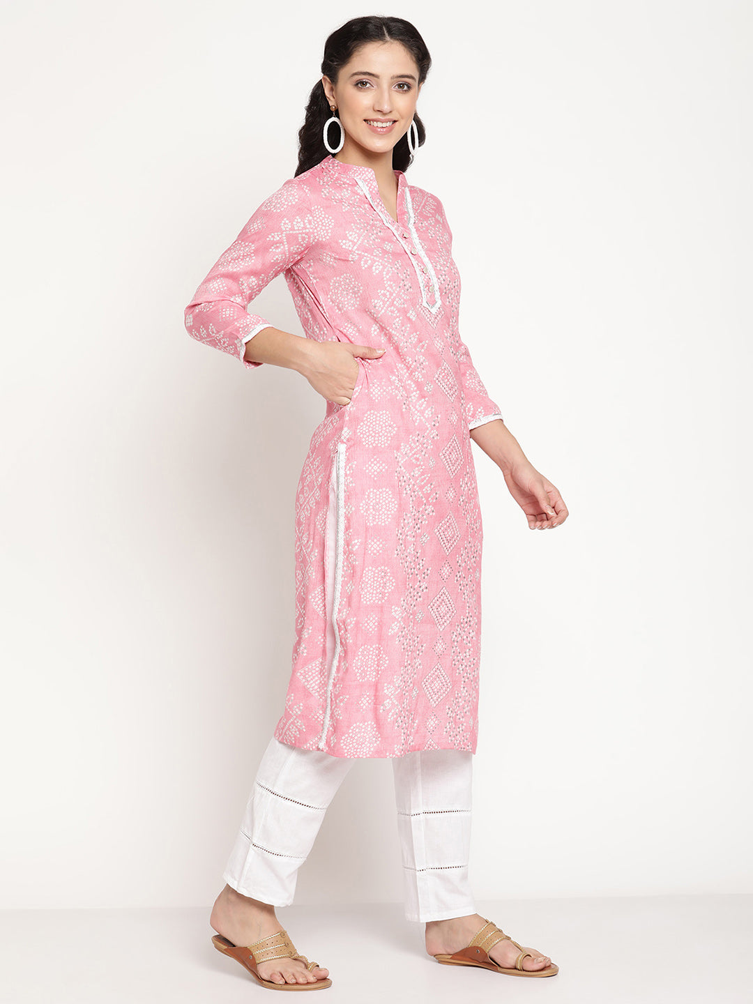 Be Indi Women Pink Silver Printed Crochet Lace And Fancy Button And GottaPatti Detailing Kurta