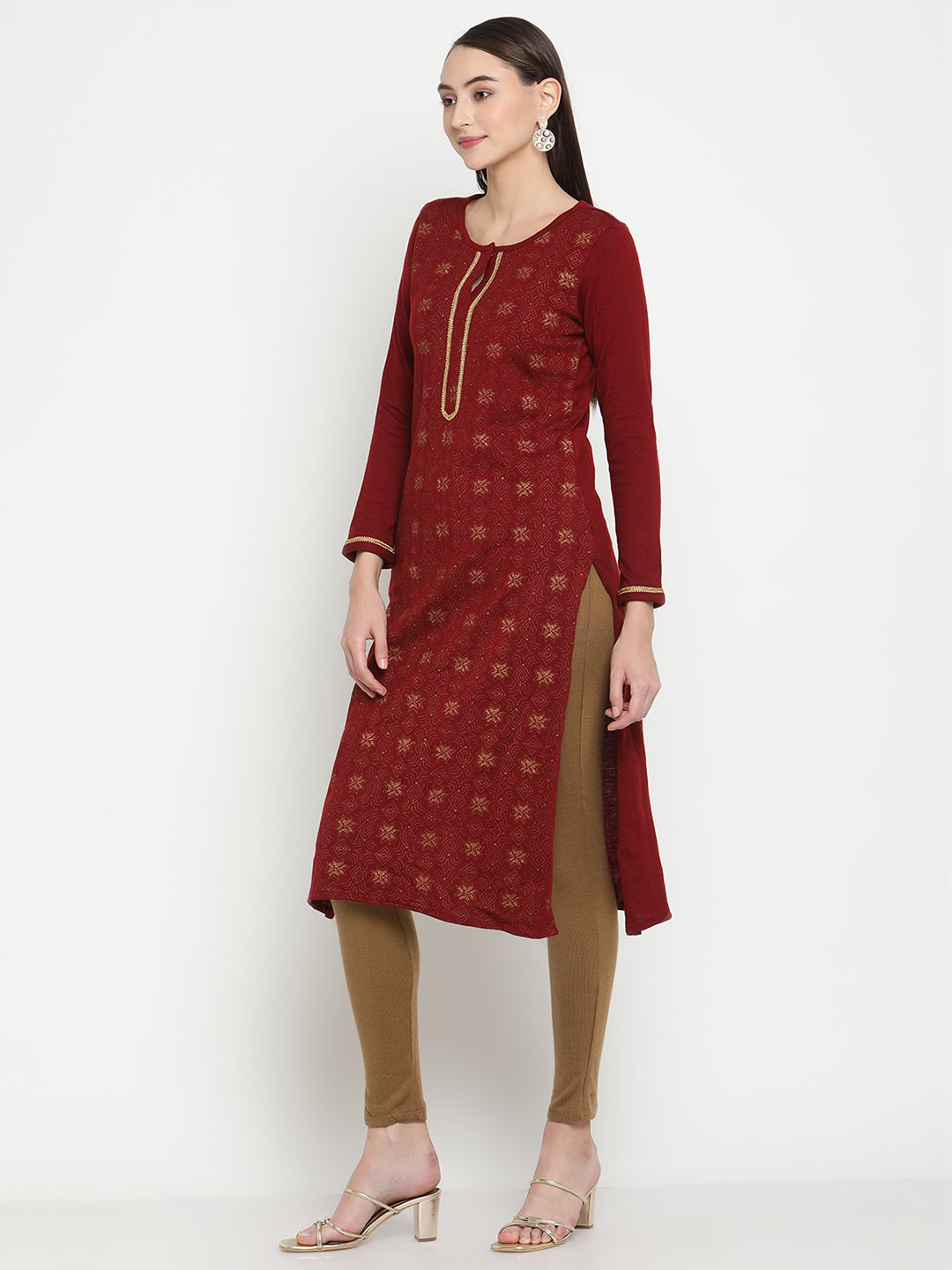 BeIndi Knitted Women Winter Maroon Ethnic Print Kurta