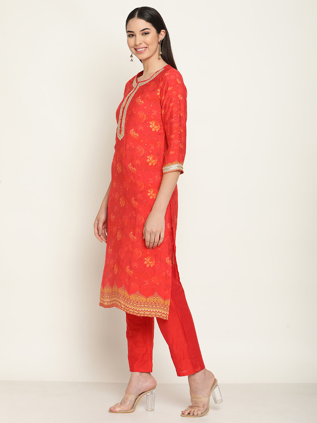 Be Indi Women Red Fancy Lace Kurta With Pant & With Dupatta