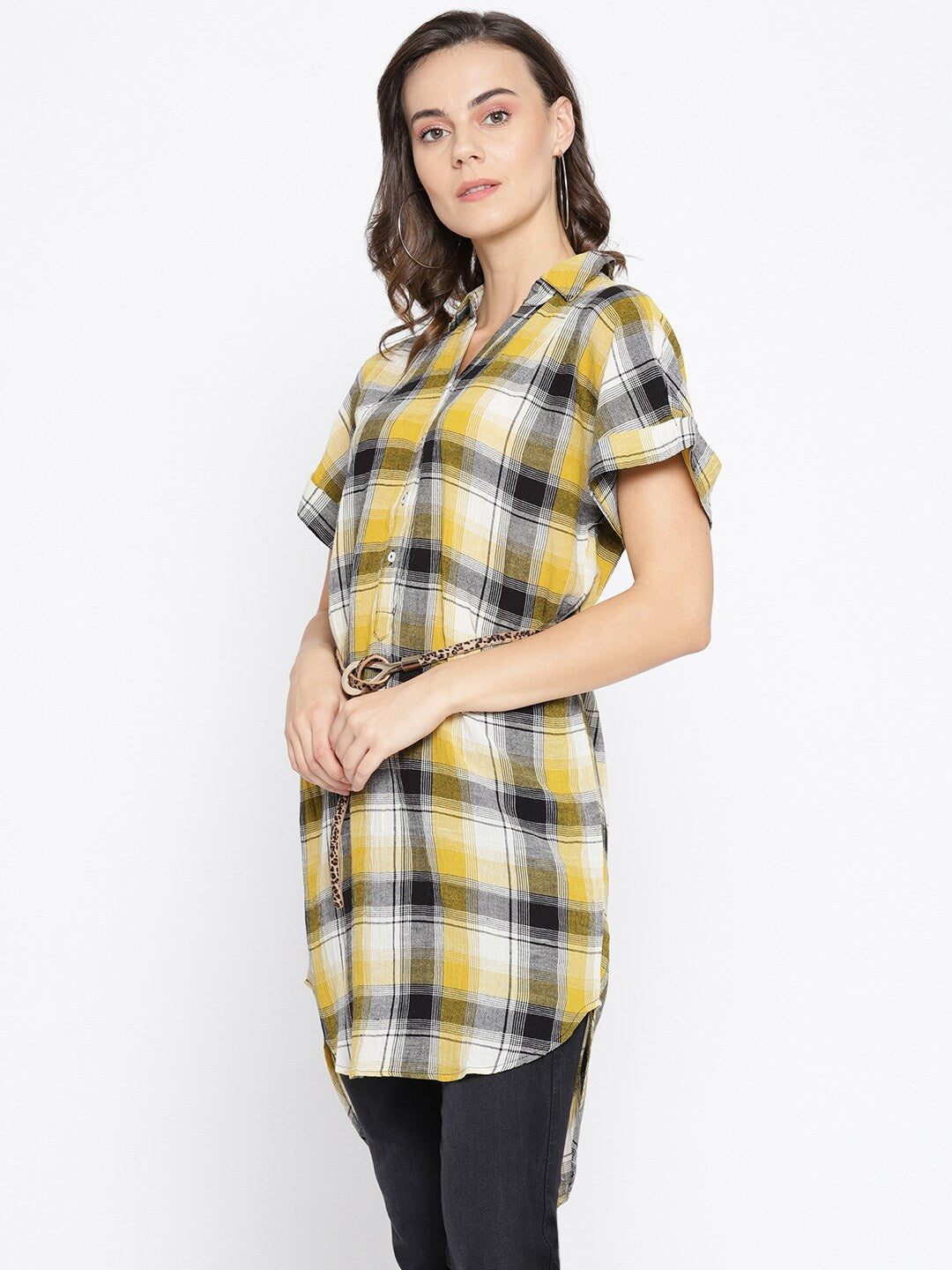 BeIndi  Women Pink & Black Checked Longline Shirt Style Top