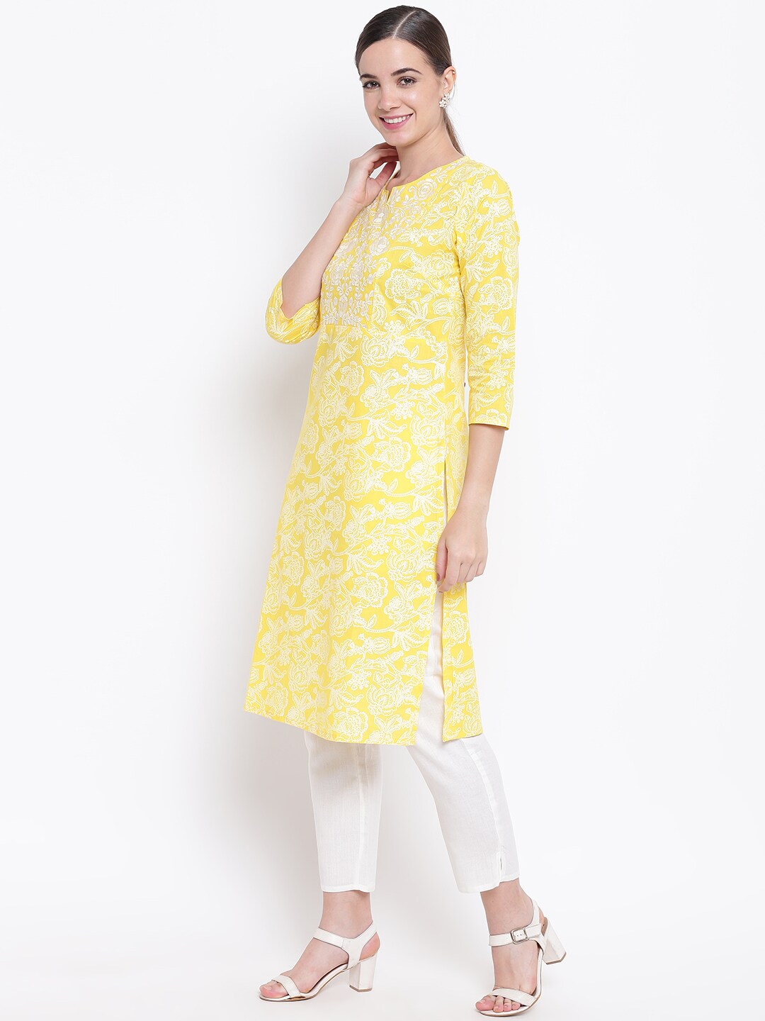 Be Indi Women Yellow & White Printed Kurta