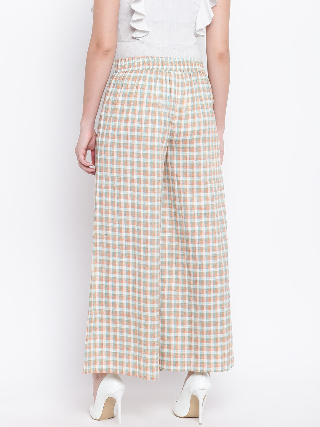 Be Indi Women Off-White & Peach-Coloured Checked Wide Leg Palazzos