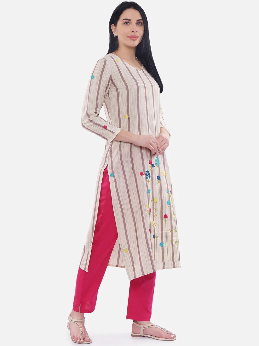 BeIndi Women Beige Striped Straight Kurta