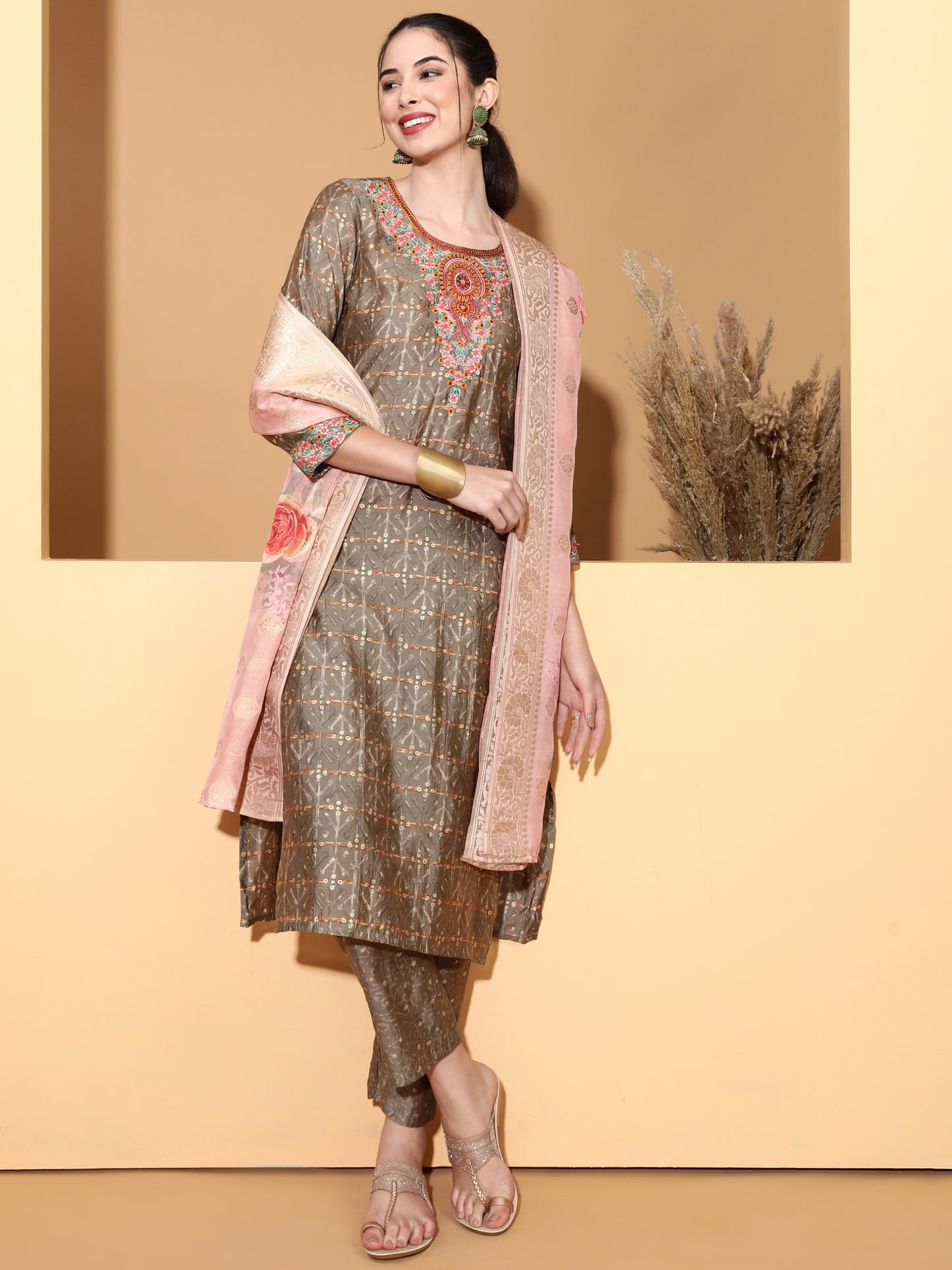 Be Indi Women Grey Embroidered Kurta With Pant & With Dupatta