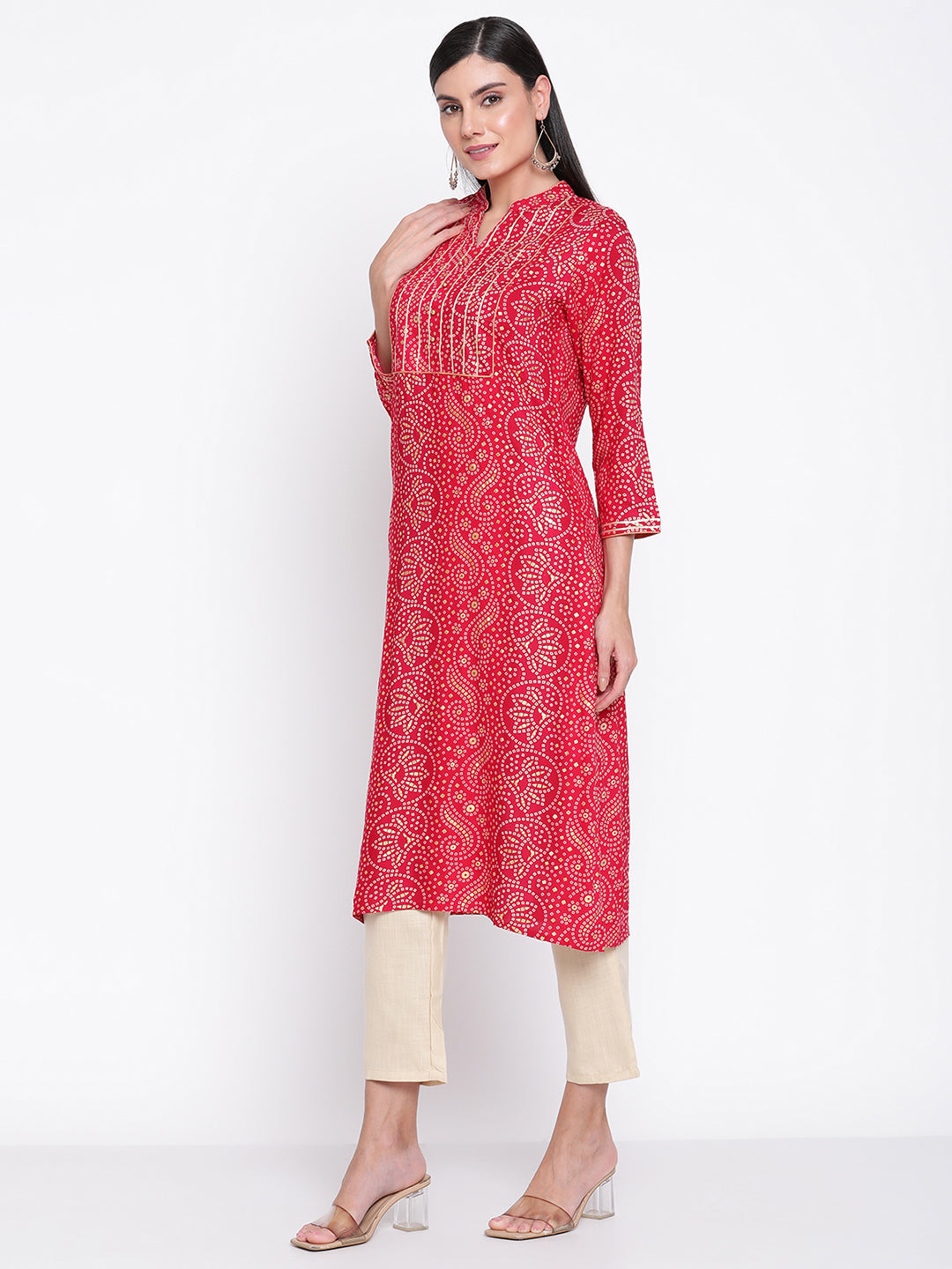 Be Indi Women Fuchsia Bandhini Printed Mandarin Collar, Yoke Kurta