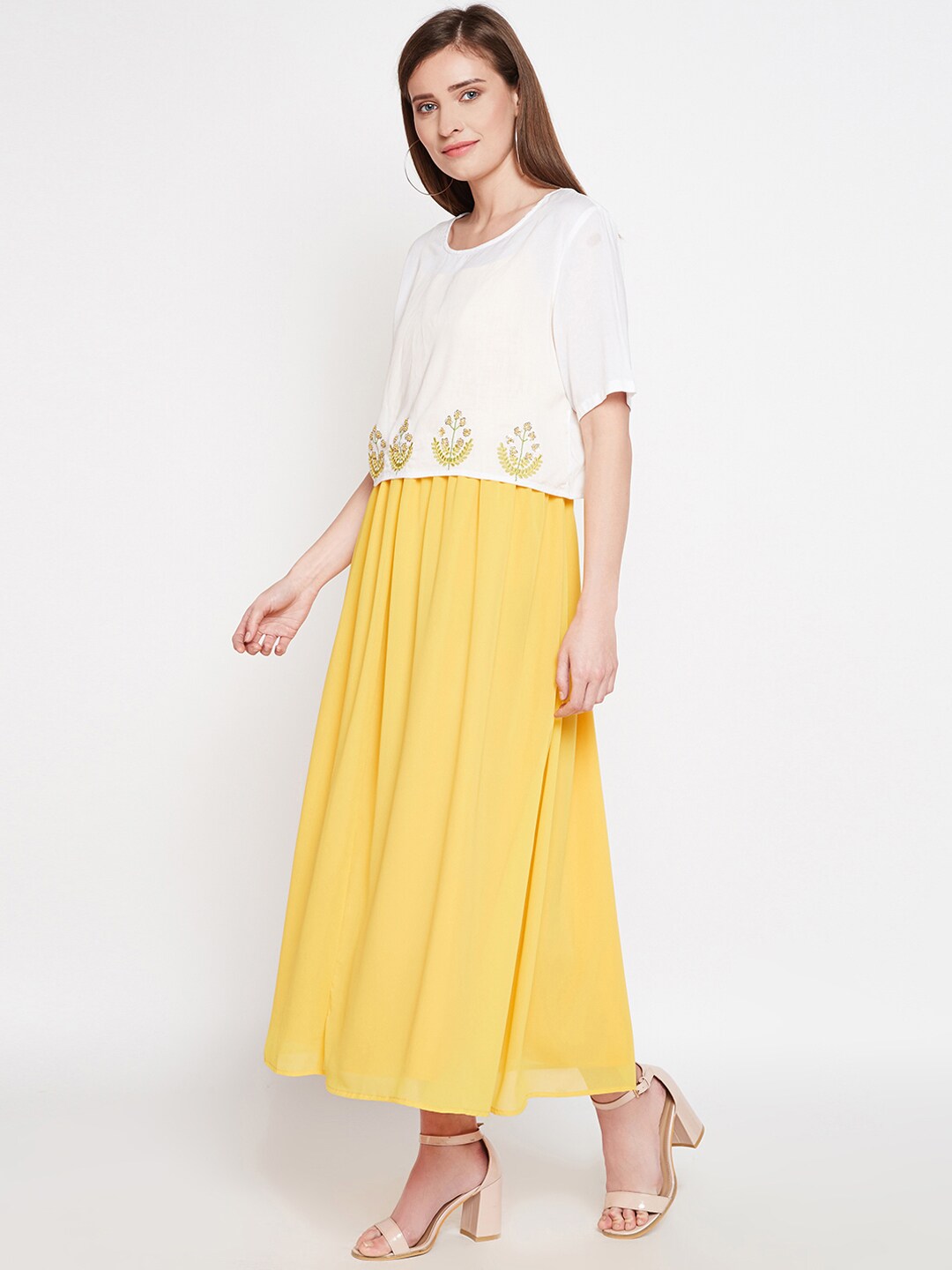 Be Indi Women Yellow & White A-Line Dress