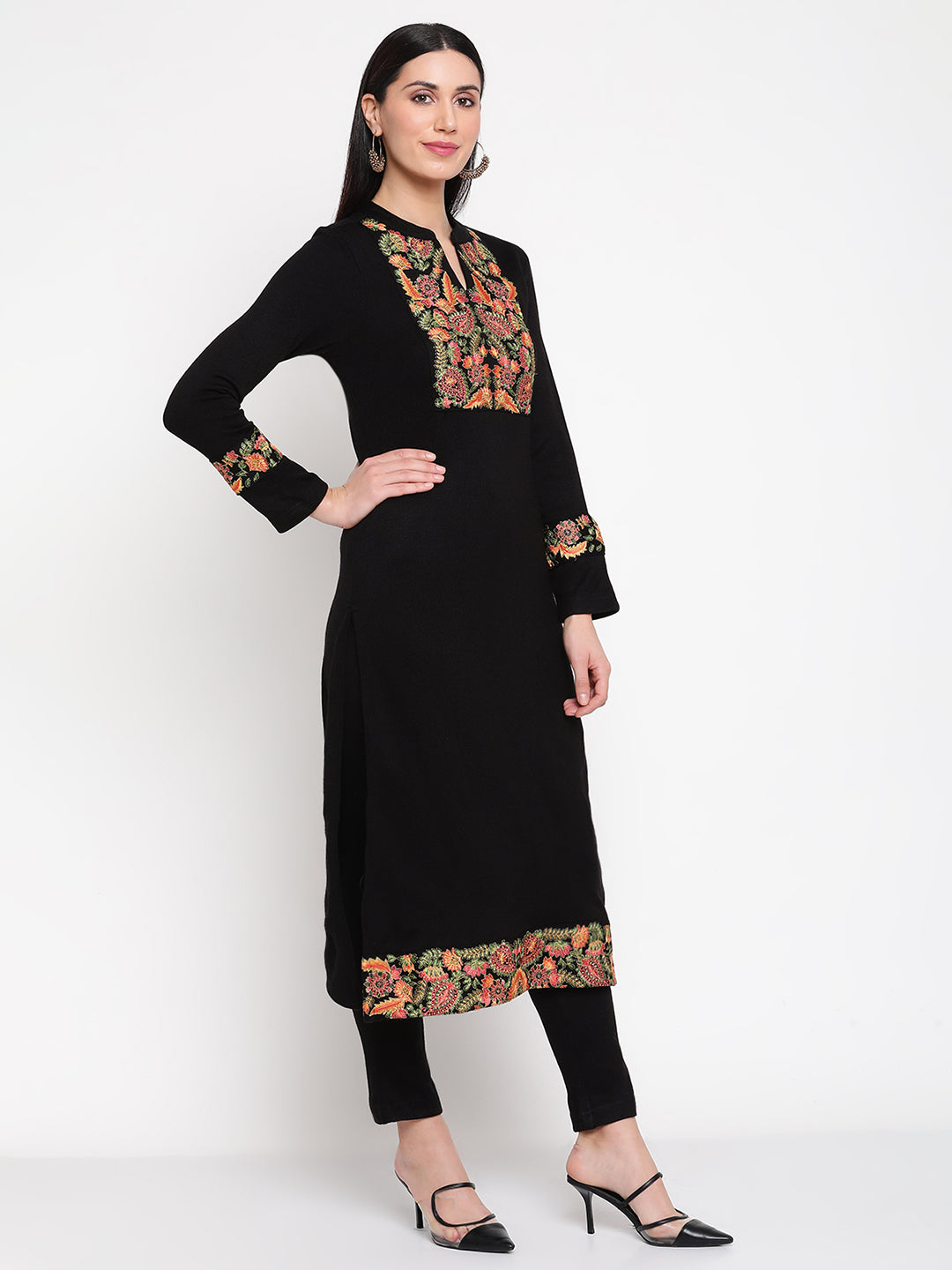 Be Indi Women Winter Daffodil Black Embroidered Straight Kurta With Trouser.