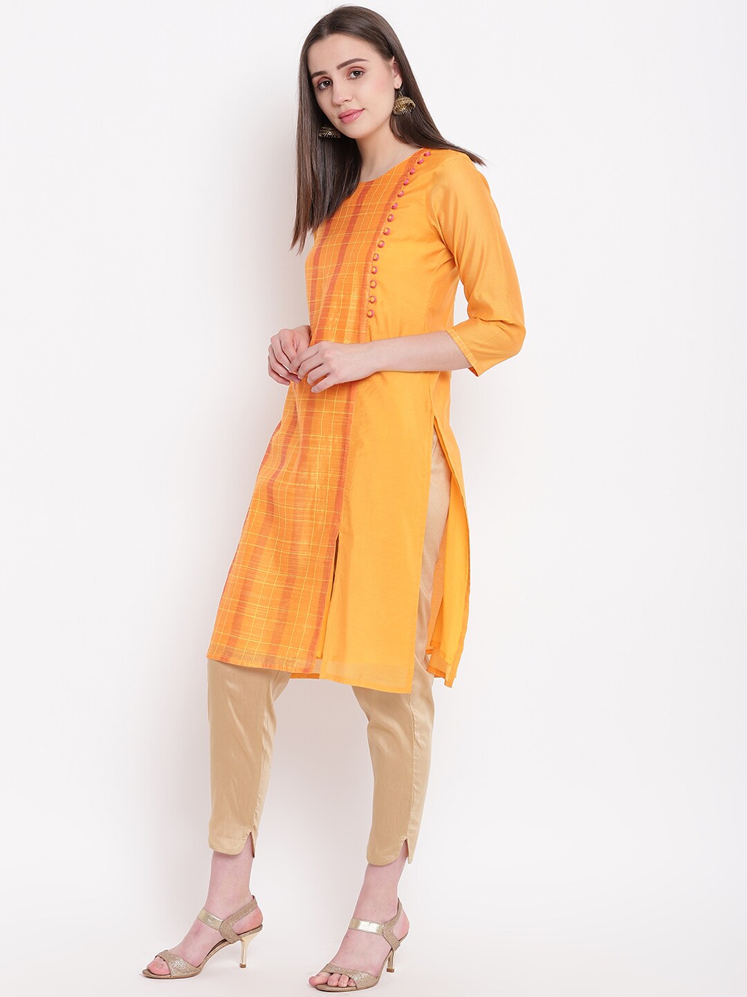 Be Indi Women Mustard Yellow Solid Straight Kurta