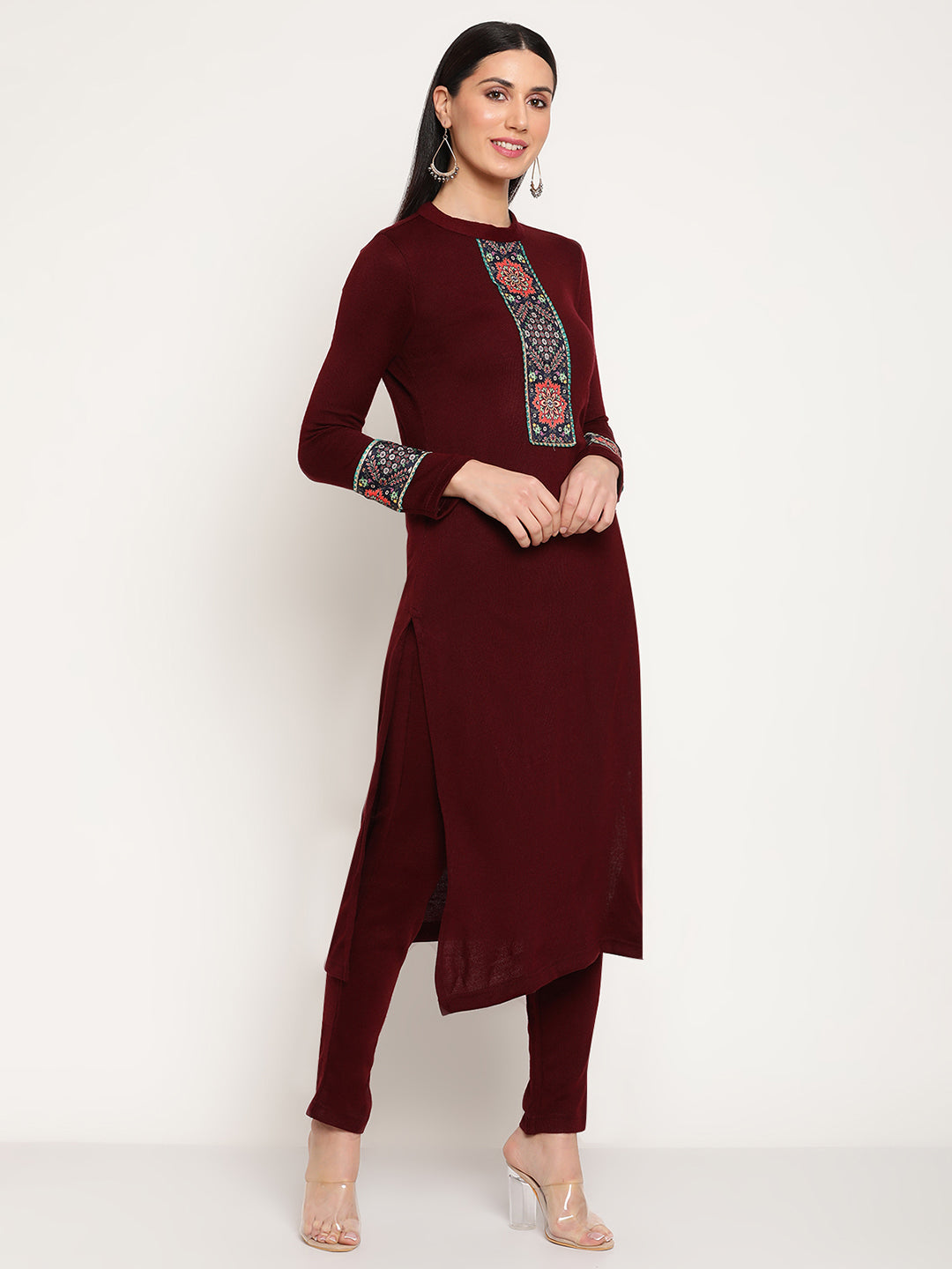 Be Indi Women Winter Daffodil Maroon Yoke Design Straight Kurta With Trouser & Printed Dupatta.