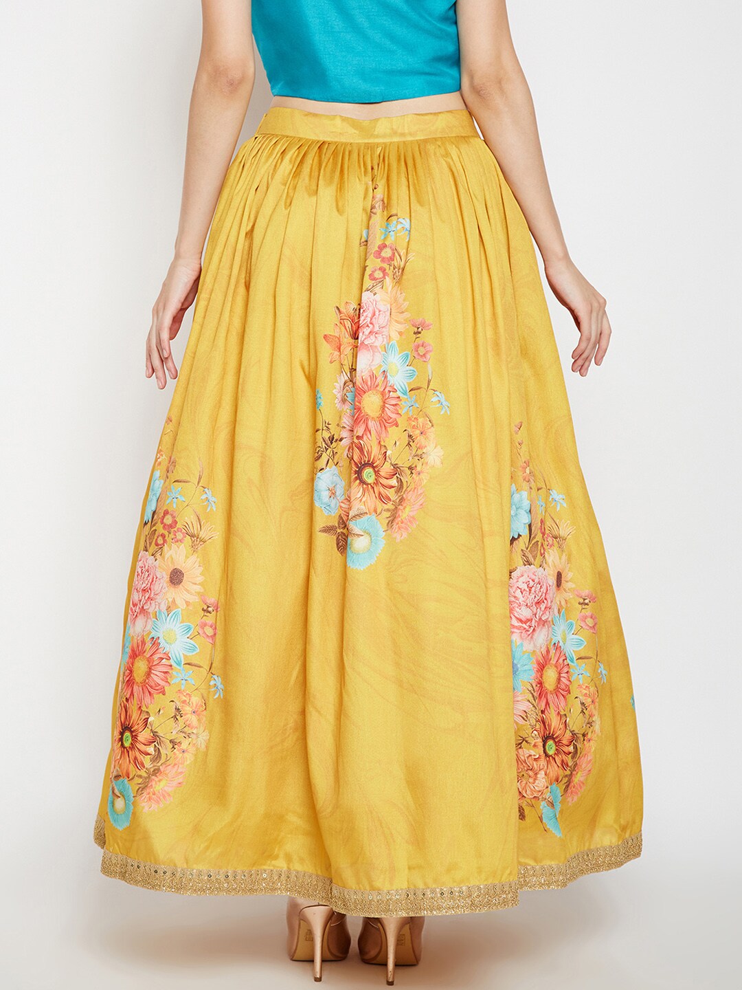 Be Indi Women Yellow & Peach-Coloured Printed Flared Skirt