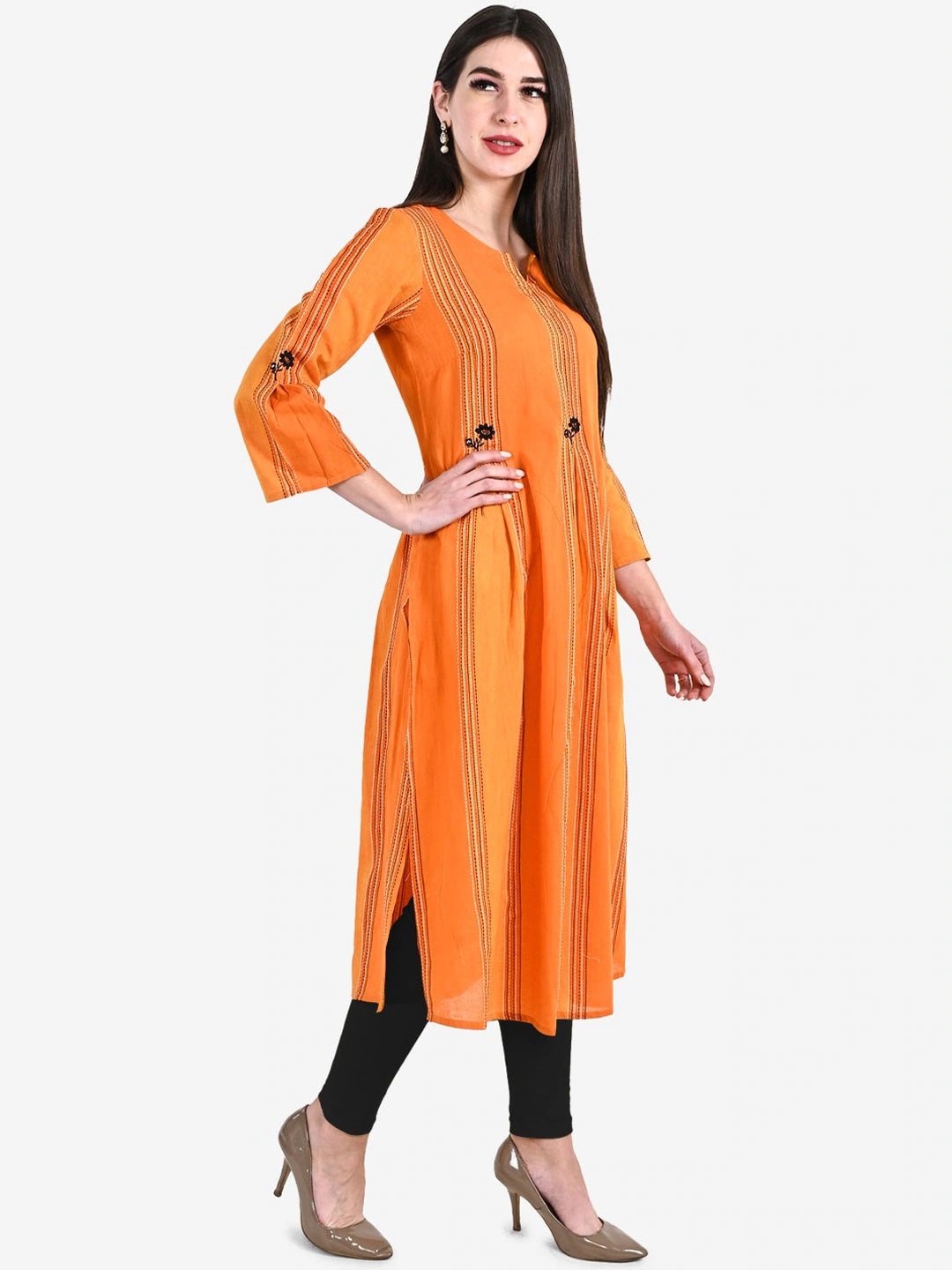 Be Indi Women Orange Thread Work Kurta