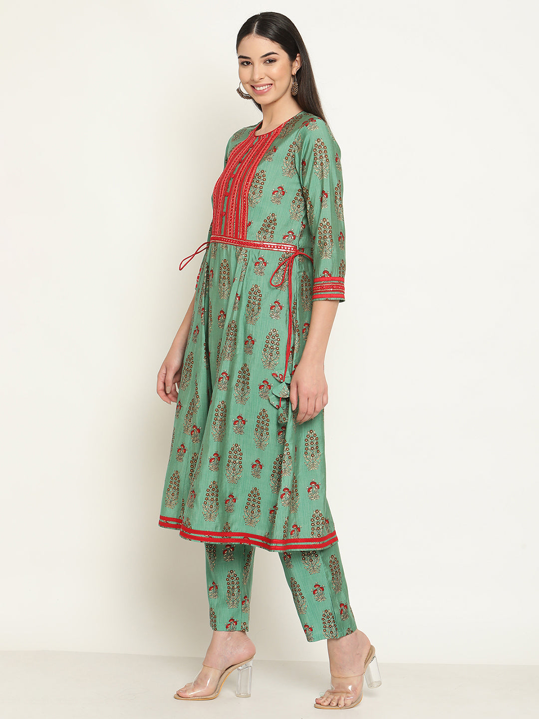 Be Indi Women Green Anarkali Kurta With Pant & With Dupatta