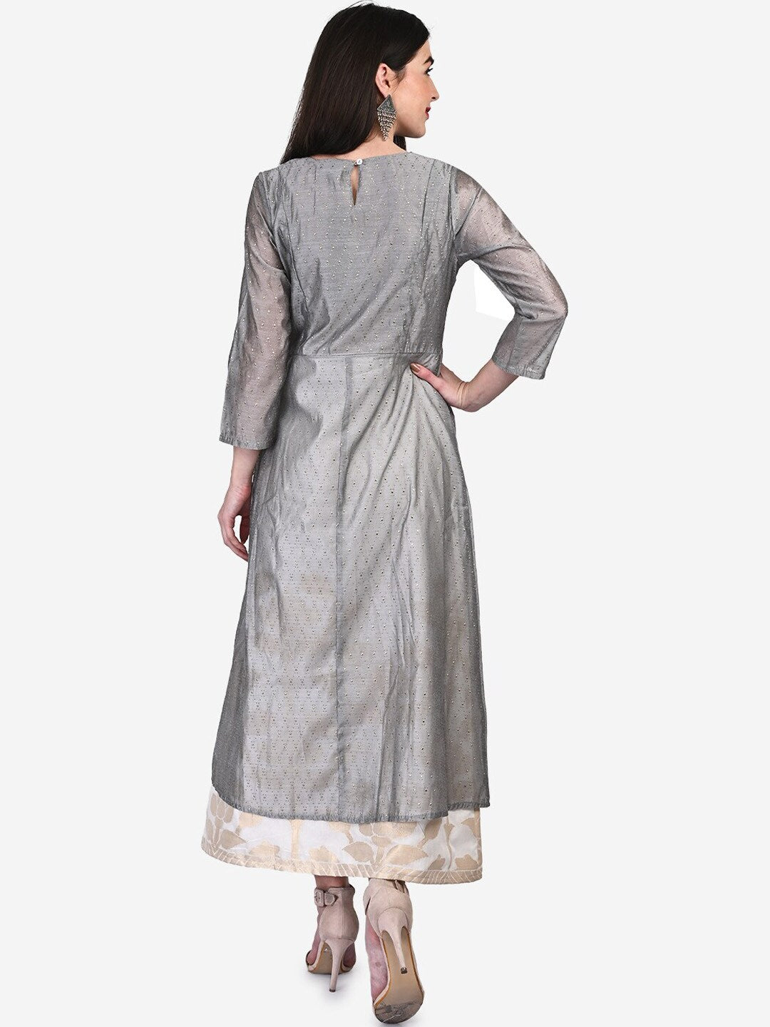 Be Indi Grey & White Floral Layered Ethnic Maxi Dress