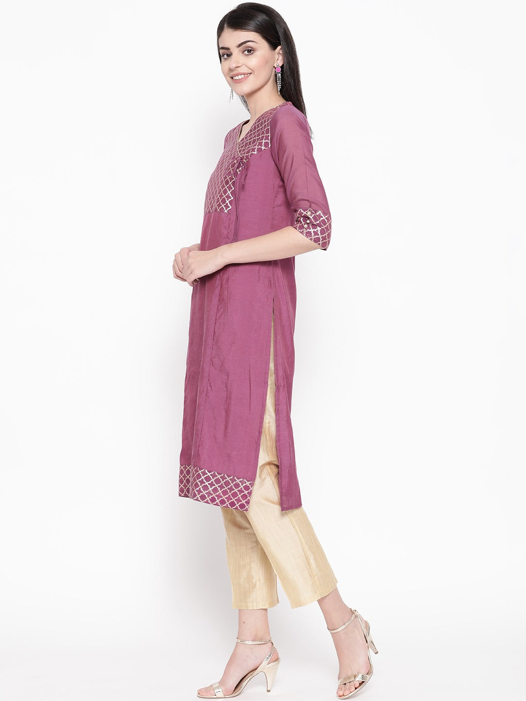 Be Indi Women Purple Woven Design Kurta with Palazzo