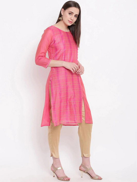 BeIndi Women Pink Checked Chanderi Silk Kurta