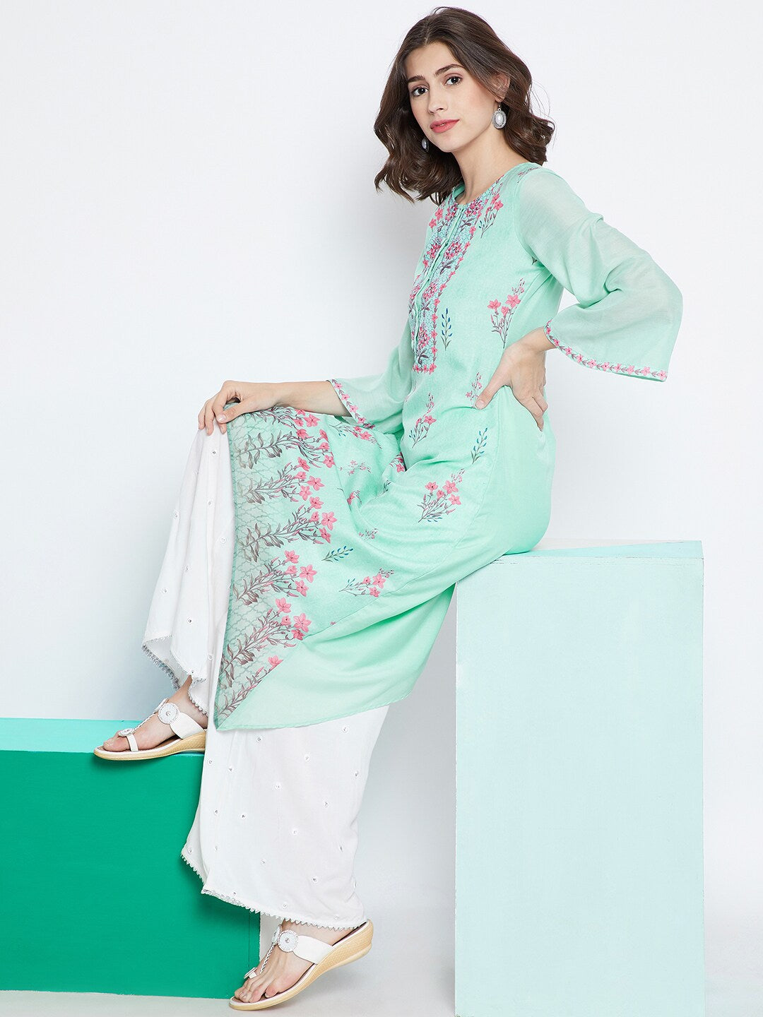 Be Indi Women Blue Printed A-Line Kurta