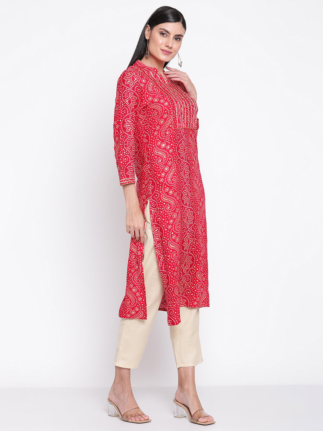 Be Indi Women Fuchsia Bandhini Printed Mandarin Collar, Yoke Kurta