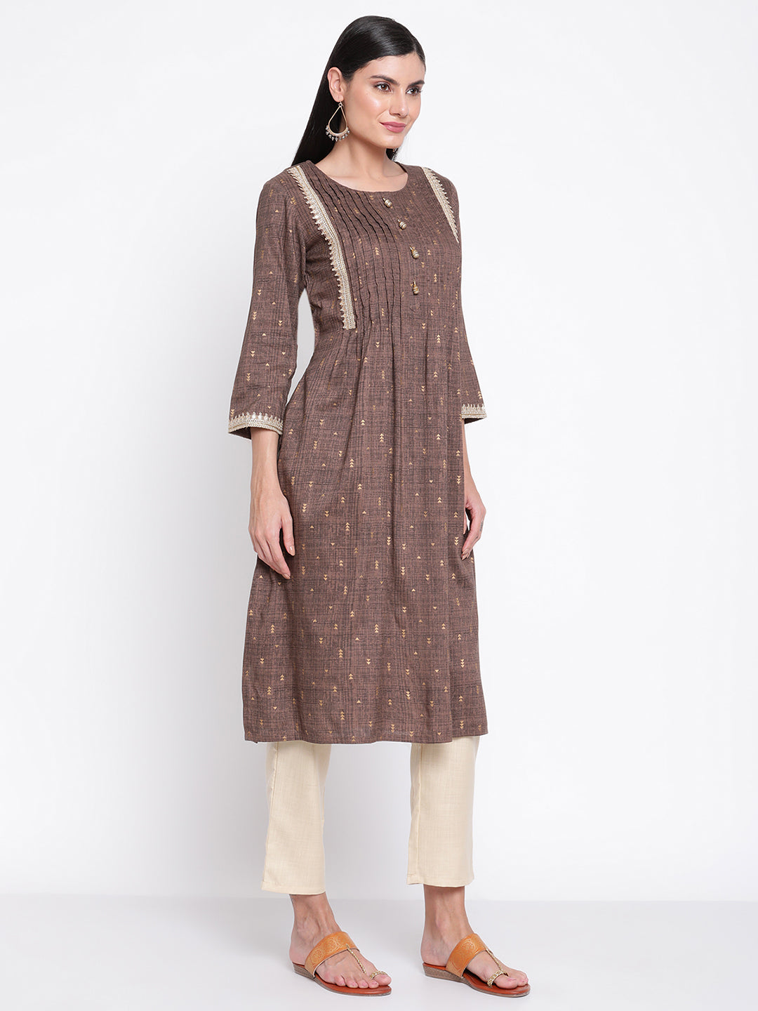 Be Indi Women Foil Printed Brown Pintuck Kurta With Fancy Buttons And Lace Detailing