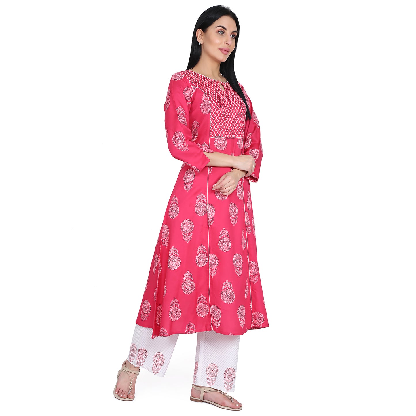 Be Indi Women Pink & White Printed Kurta with Palazzos