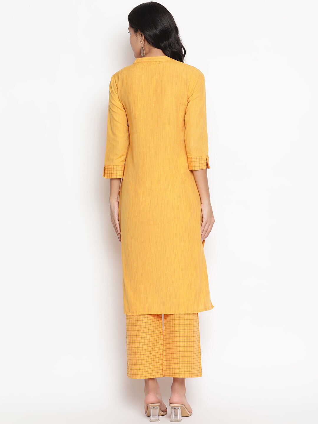 Be Indi Women Yellow Embroidered & Red Checked Pure Cotton Kurta with Trousers