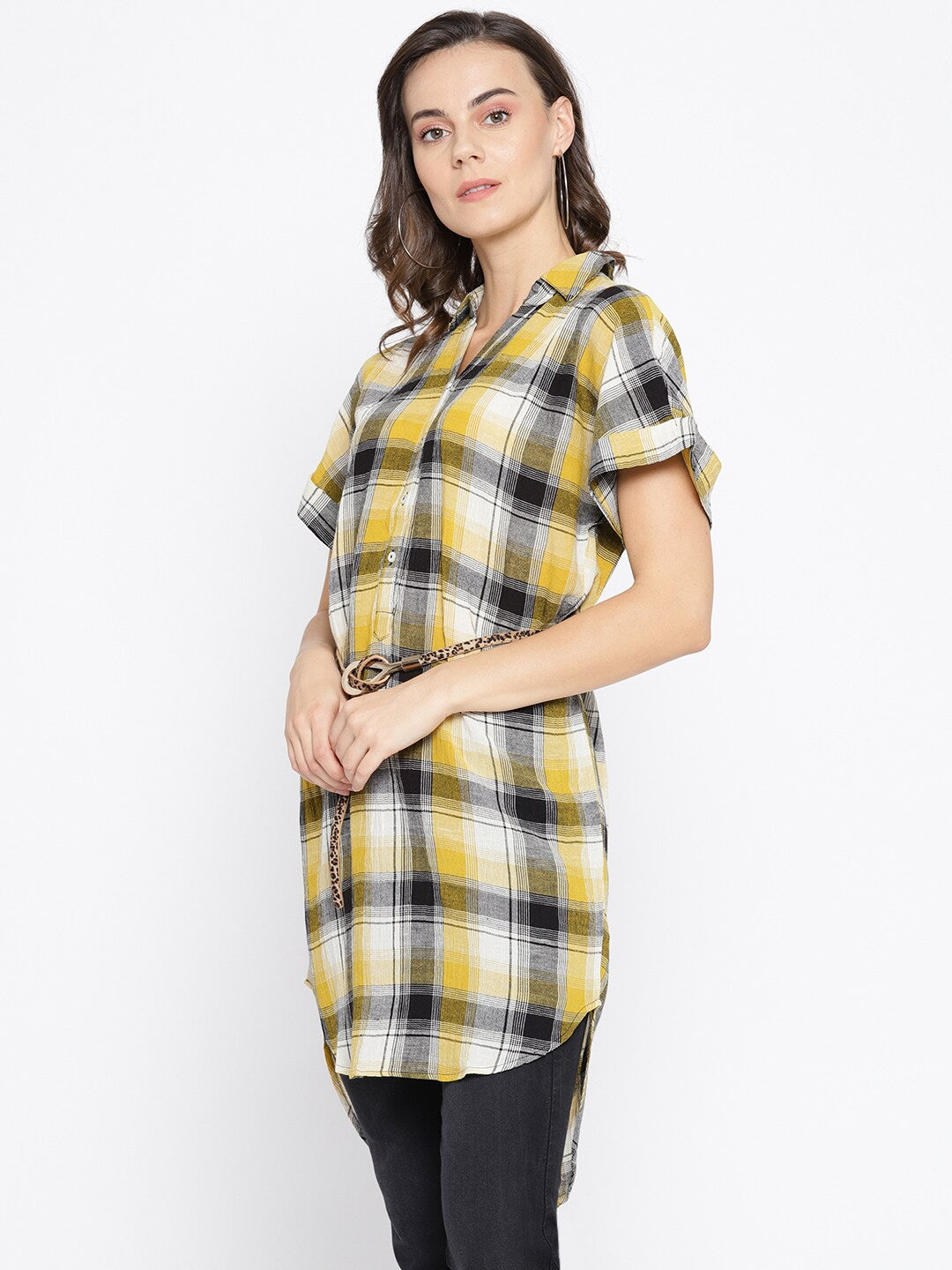 BeIndi Women Pink & Black Checked Longline Shirt Style Top