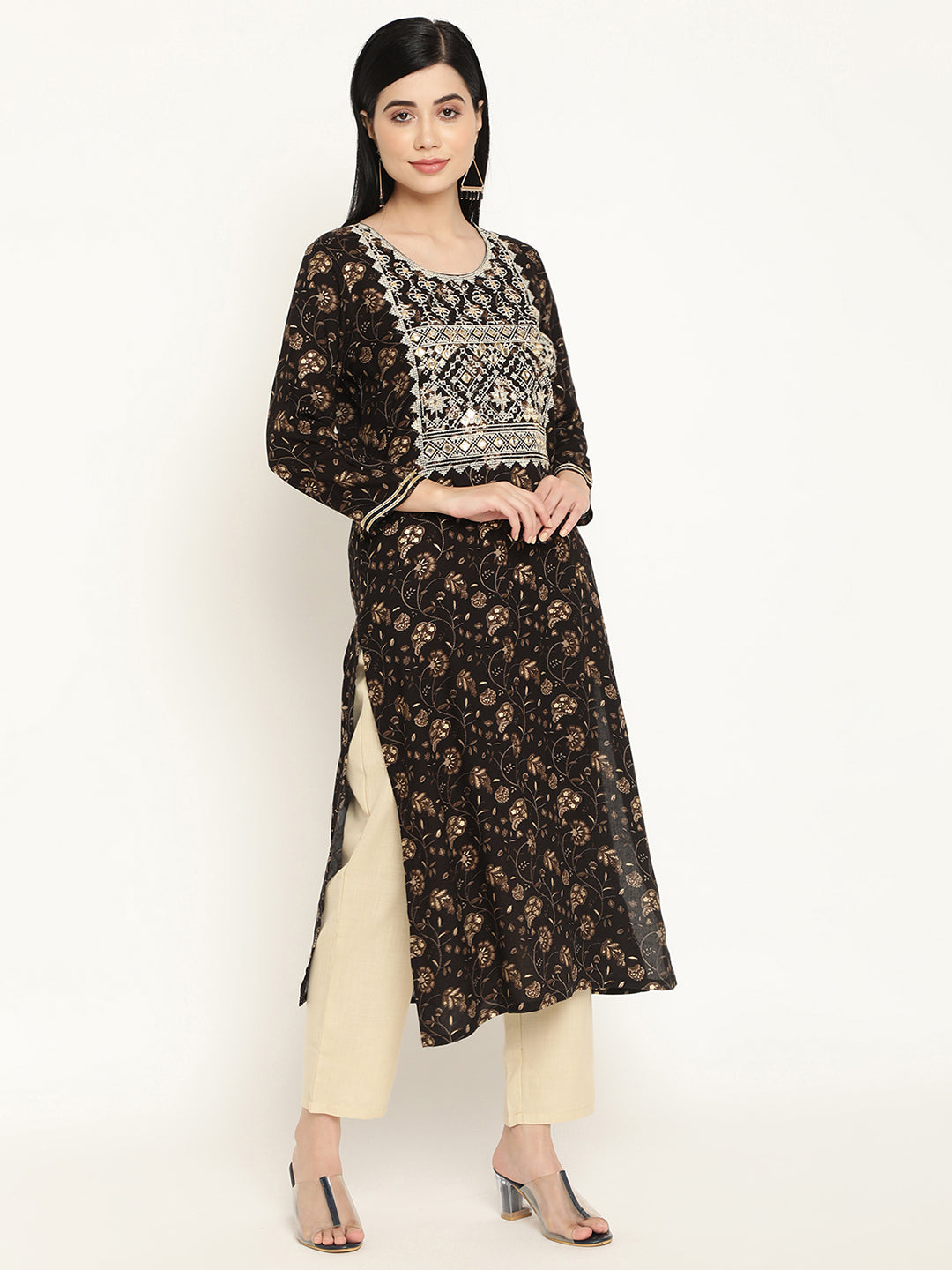 BeIndi Women Black Foil Printed Yoke Design Kurta, Mirror And Thread Work Embroidered Yoke.