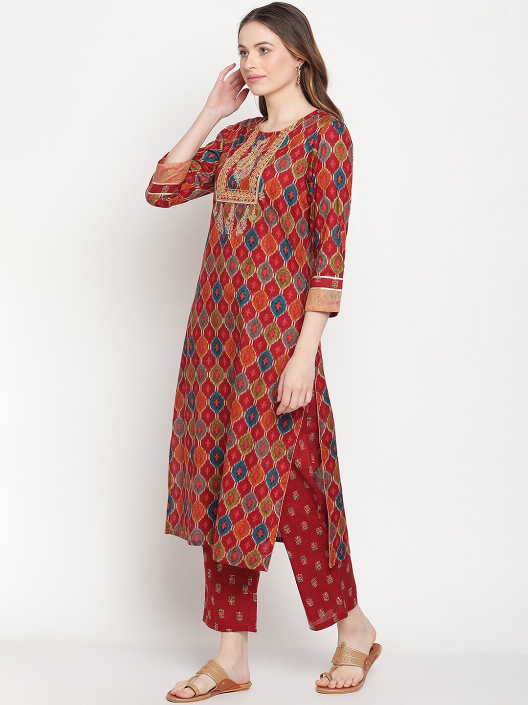 Be Indi Women Maroon Ikat Print Embroidered Yoke Design Kurta With Pant