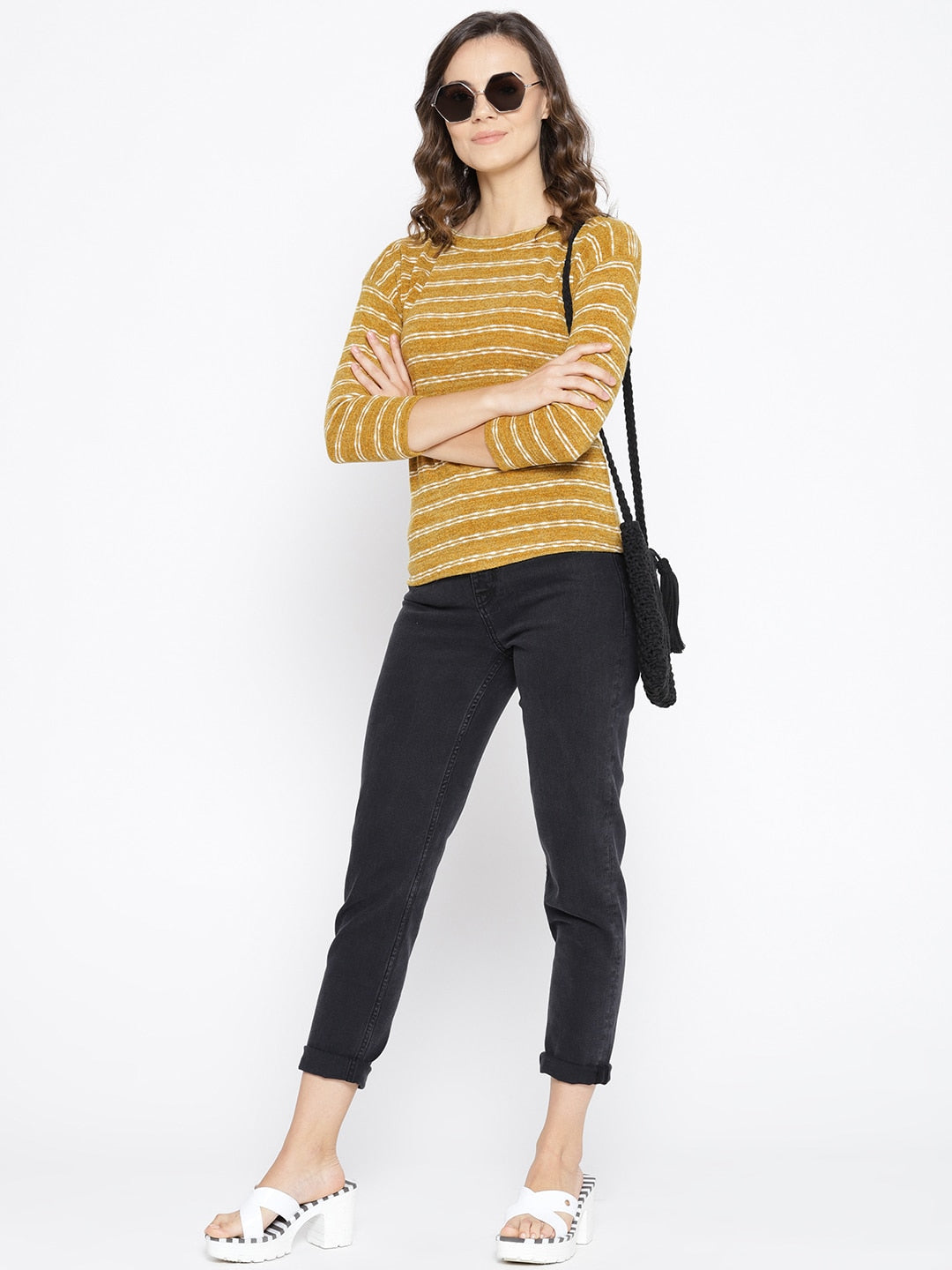 BeIndi Women Mustard Round Neck Flat Knitted Top