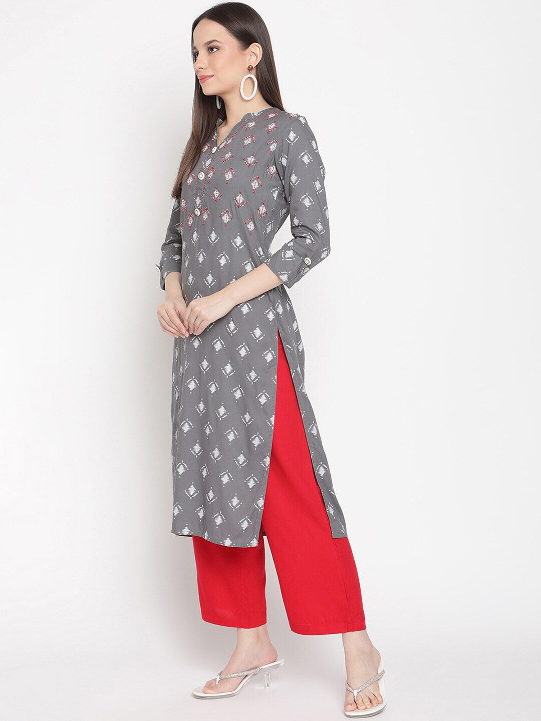 Women grey white color ikat printed hand work detailing kurta With Palazzo