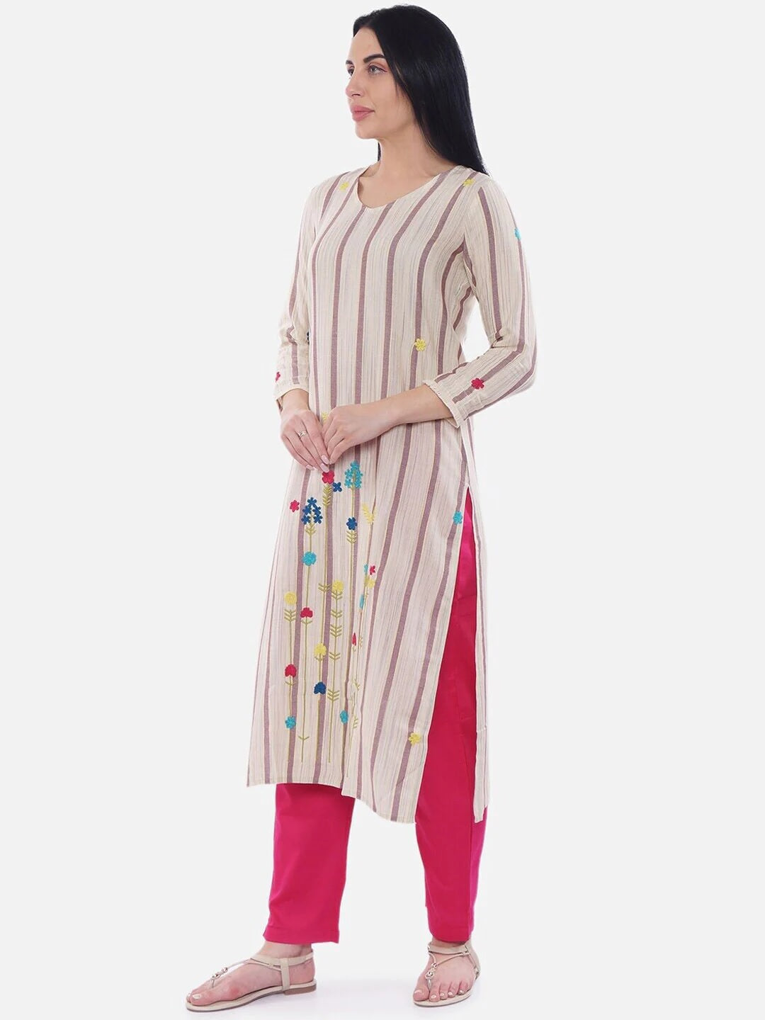 BeIndi Women Beige Striped Straight Kurta