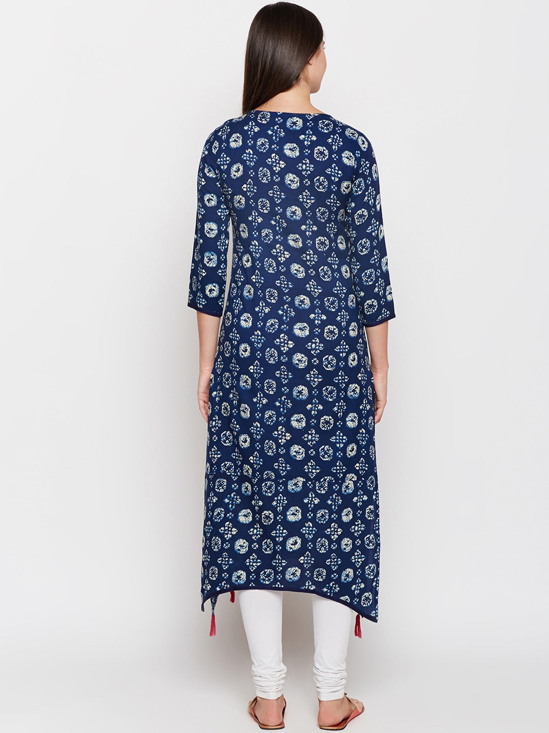 Be Indi Women Navy Blue & White Printed Asymmetric Kurta