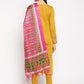 Be Indi Women Winter Daffodil  Muatard  Aari Work With Foil Printed Kurta With Trouser & Dupatta.
