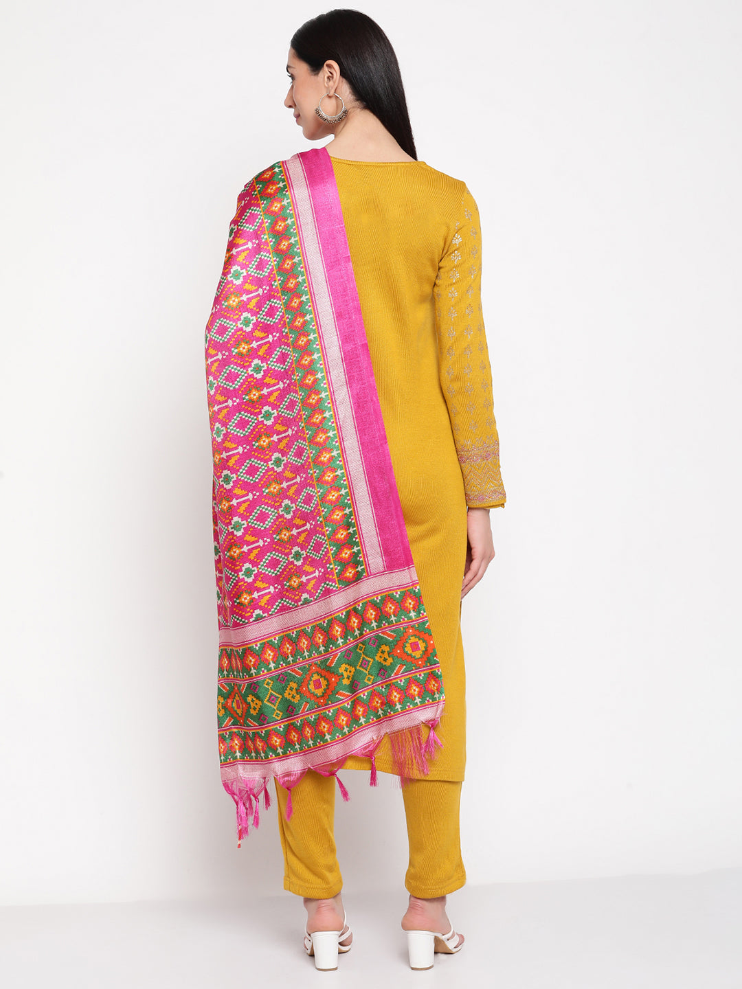 Be Indi Women Winter Daffodil Muatard Aari Work With Foil Printed Kurta With Trouser & Dupatta.