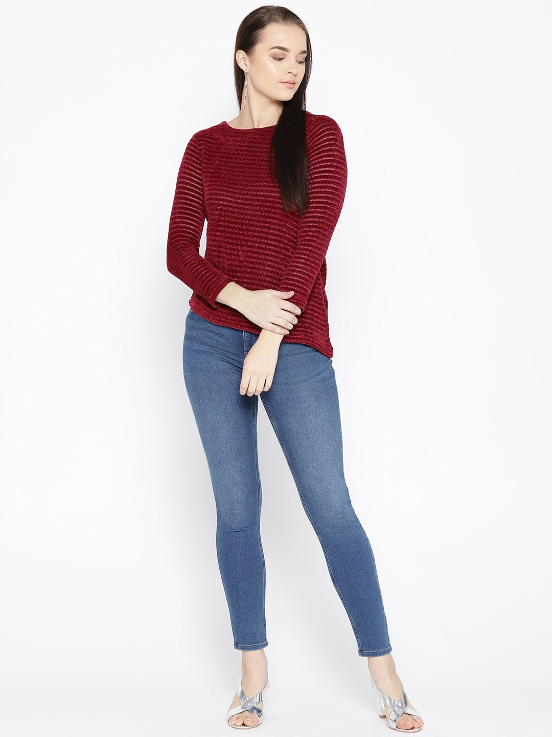 BeIndi Women Maroon Round Neck Flat Knit Top