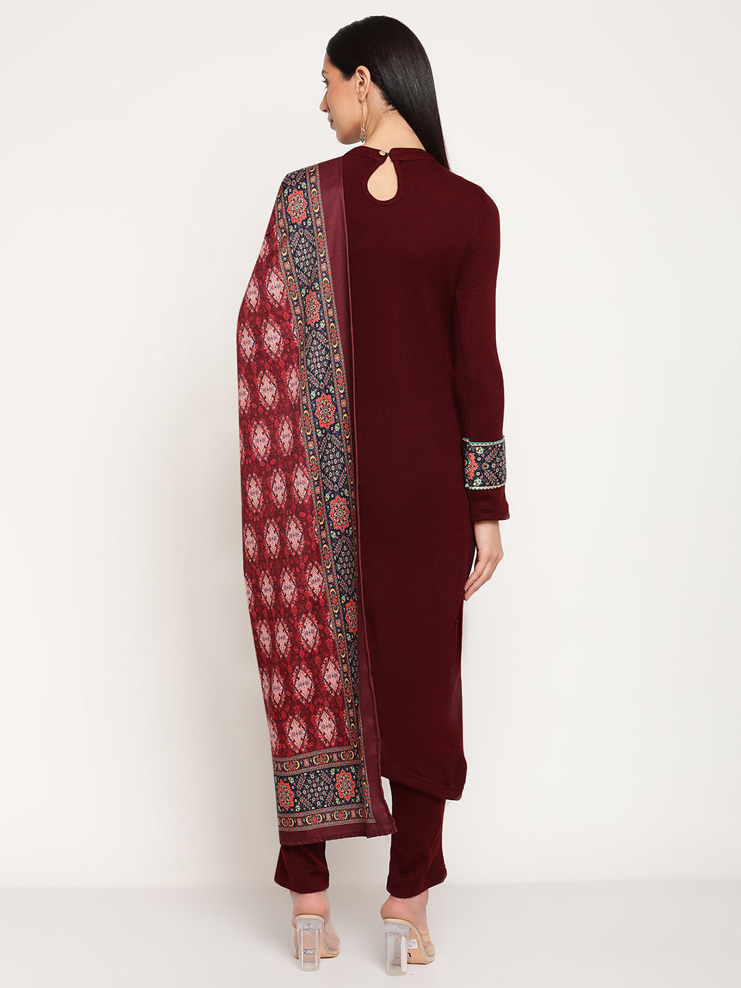 Be Indi Women Winter Daffodil Maroon Yoke Design  Straight Kurta With Trouser &  Printed Dupatta.