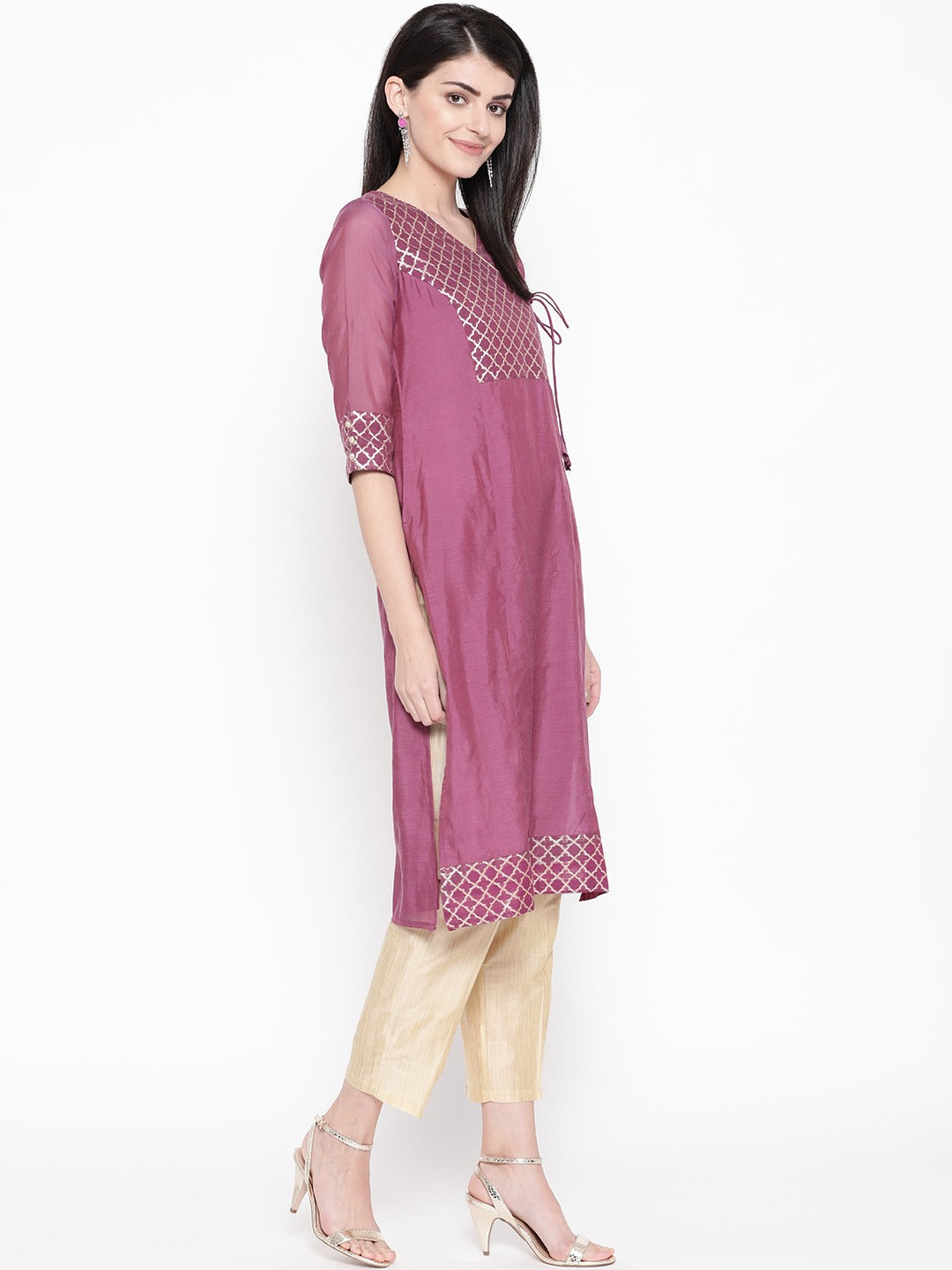 Be Indi Women Purple Woven Design Kurta with Palazzo