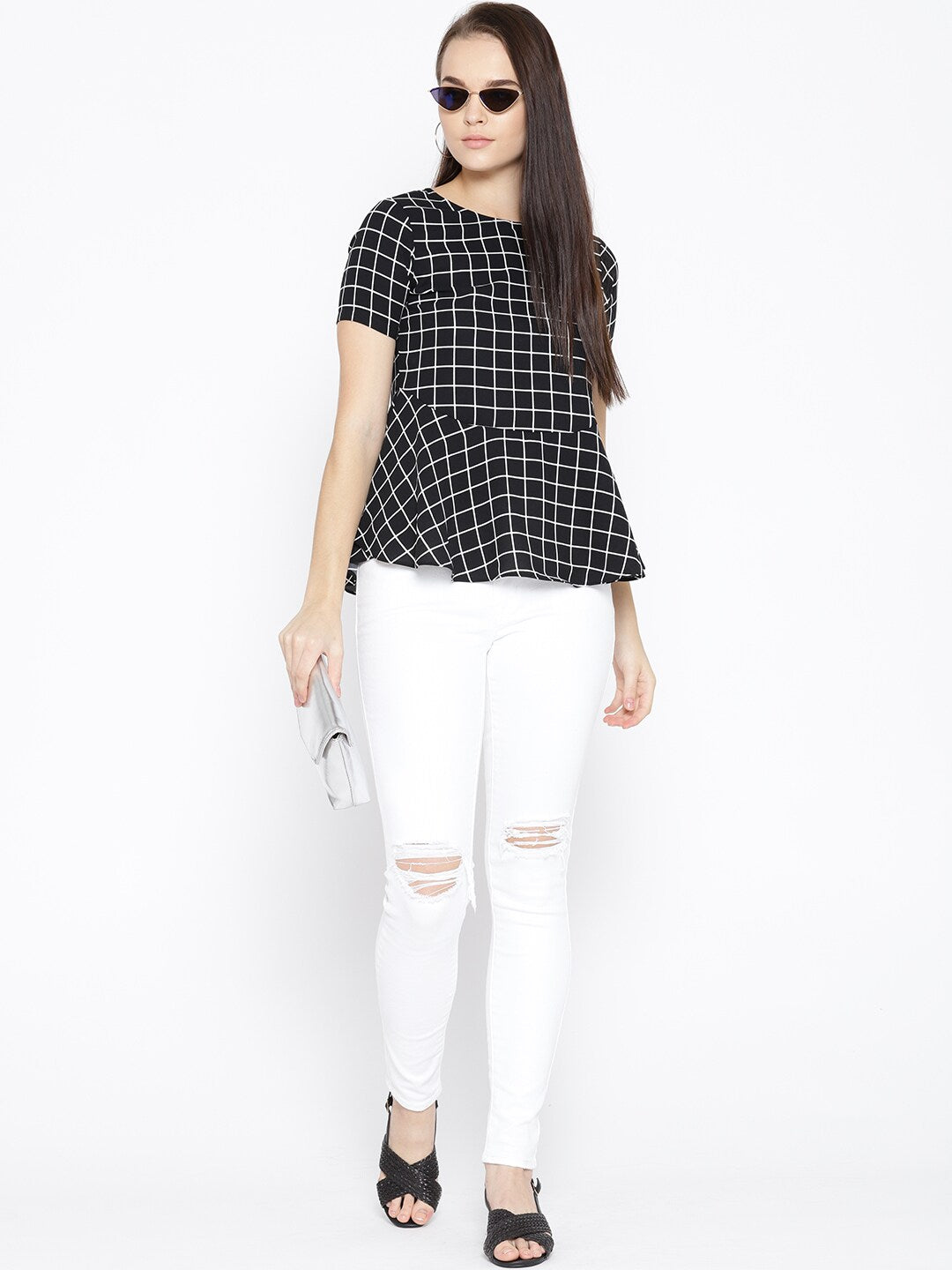 BeIndi Women Black & White Checked A-Line Top