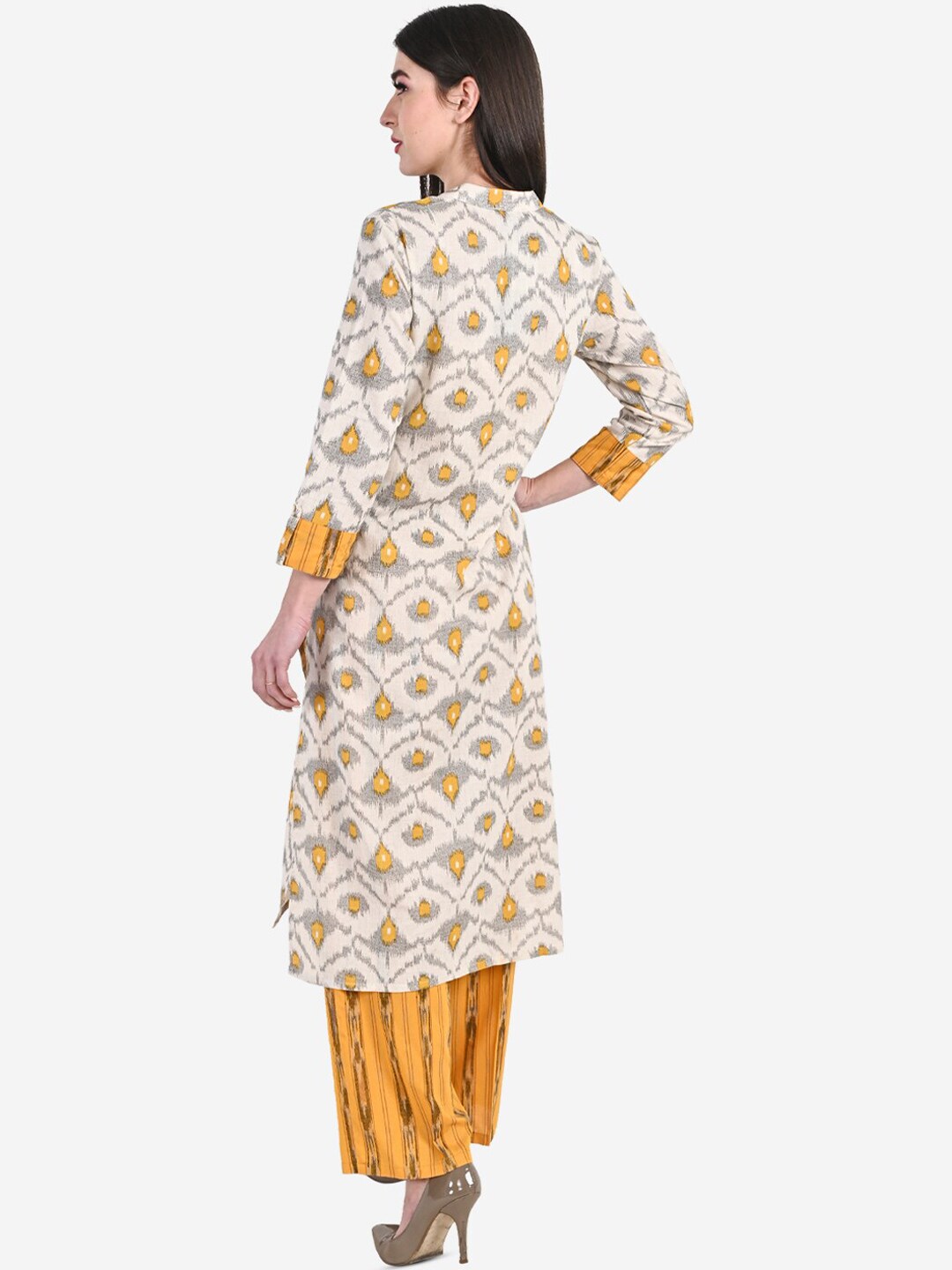 Be Indi Women Beige & Mustard Printed Kurta with Palazzos