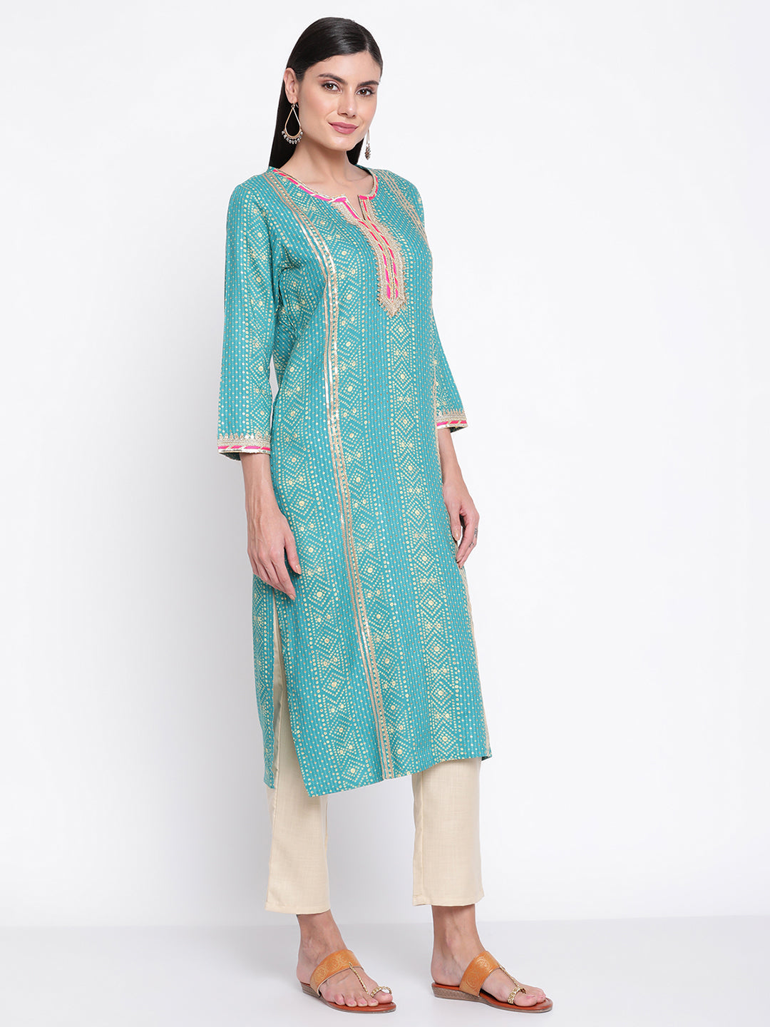 Be Indi Women Turquoise Blue Ethnic Motifs Gotta Patti Kurta