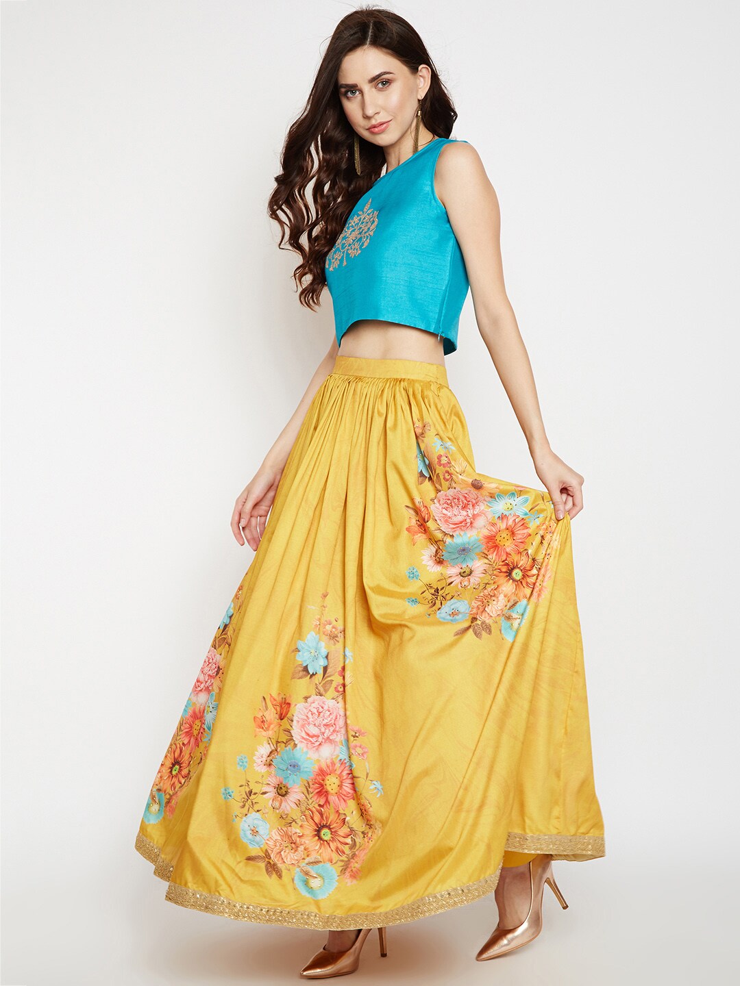 Be Indi Women Yellow & Peach-Coloured Printed Flared Skirt