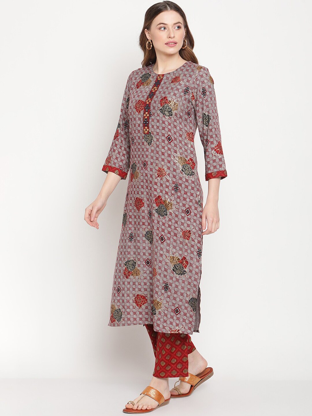 Be Indi Women Grey Red Floral Foil Printed Mirror Placket Kurta with Pant