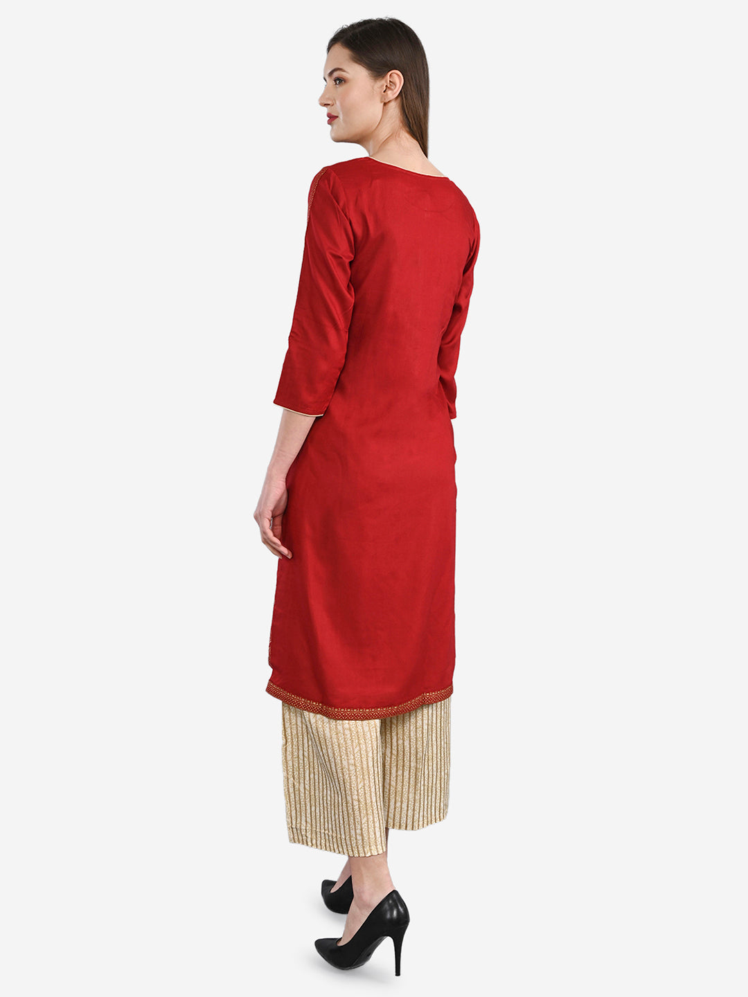 Be Indi Women Red Ethnic Motifs Embroidered Regular Thread Work Kurta with Palazzos