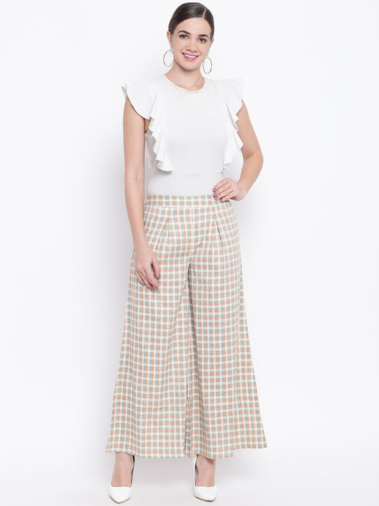 Be Indi Women Off-White & Peach-Coloured Checked Wide Leg Palazzos