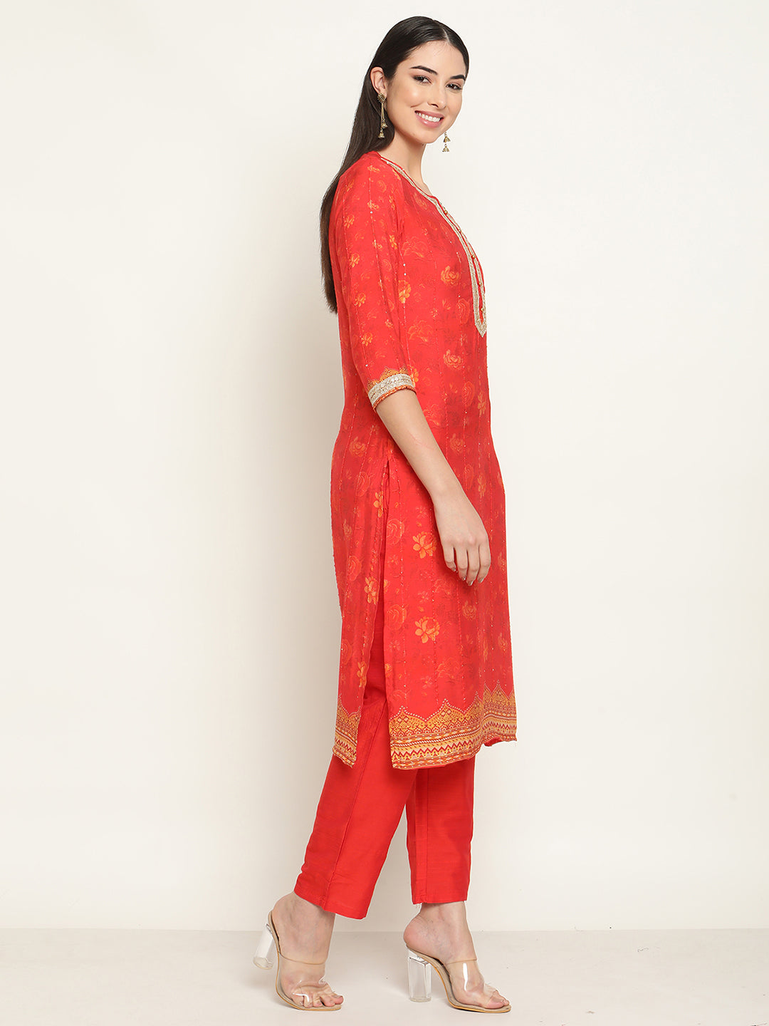 Be Indi Women Red Fancy Lace Kurta With Pant & With Dupatta