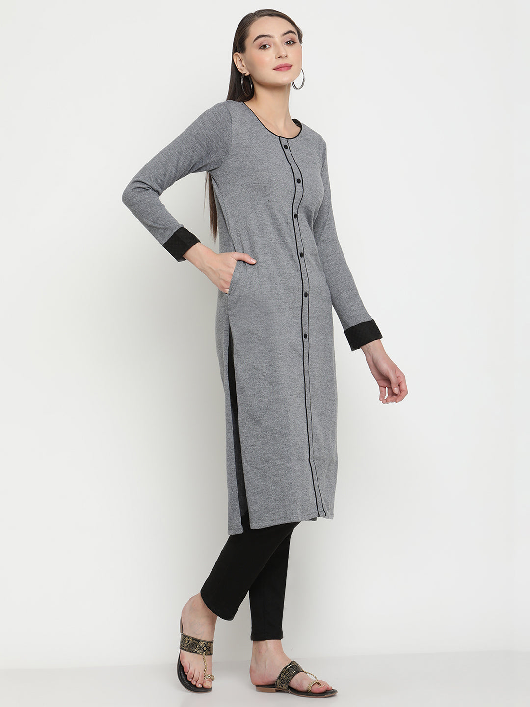 BeIndi Knitted Women Winter Grey Kurta